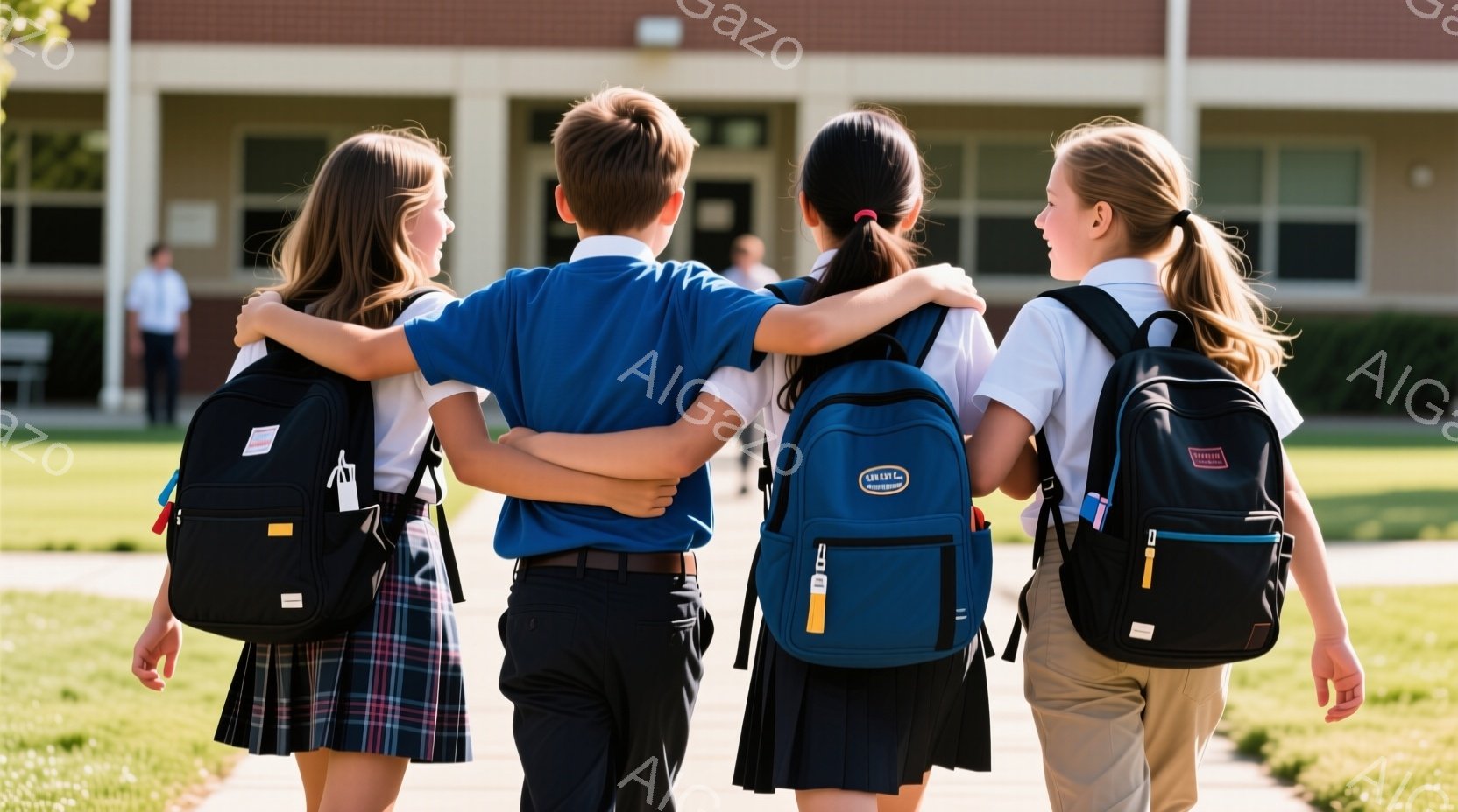 制服を着た4人の子供たちが肩を組んで歩いています。紺色のスカートと白いシャツに、黒いバックパックを背負っています。背景にはレンガ造りの建物と緑豊かな芝生があり、晴れた日の穏やかな雰囲気が漂っています。