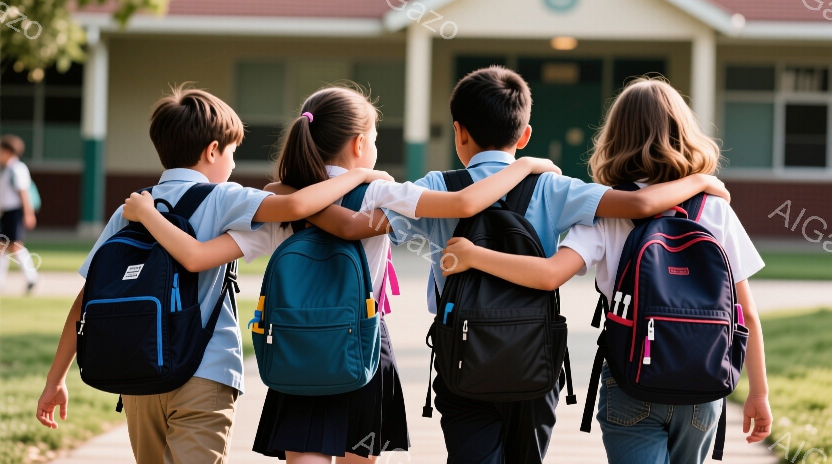 制服を着た四人の子供たちが、肩を組んで歩いています。彼らは皆、青いシャツとスカート（またはズボン）を着ており、それぞれ背中にカラフルなバックパックを背負っています。背景には学校の建物が見え、晴れた日の穏やかな雰囲気が漂っています。