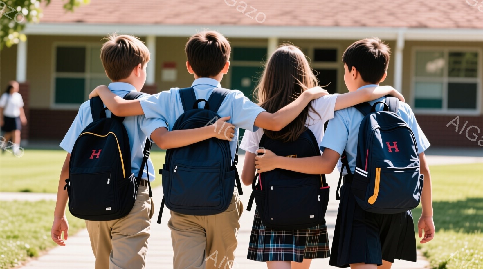 四人の子供たちが肩を組み、学校の敷地内を歩いている。青いポロシャツとチェック柄のスカート（またはズボン）を着ており、それぞれ黒色のバックパックを背負っている。背景には緑豊かな芝生とレンガ造りの校舎が見 - AI生成フリー素材
