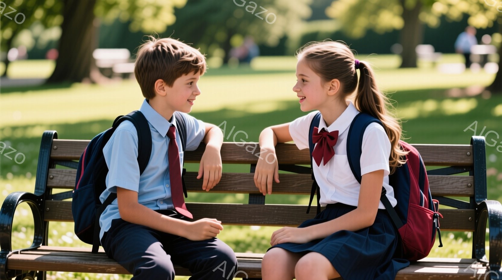 公園のベンチに、制服を着た少年と少女が向かい合って座っています。少年は茶色の髪で、青いシャツに赤いネクタイ、濃い青色のズボンを着用し、楽しそうな笑顔を浮かべています。少女は髪をポニーテールにし、白いシ - AI生成フリー素材