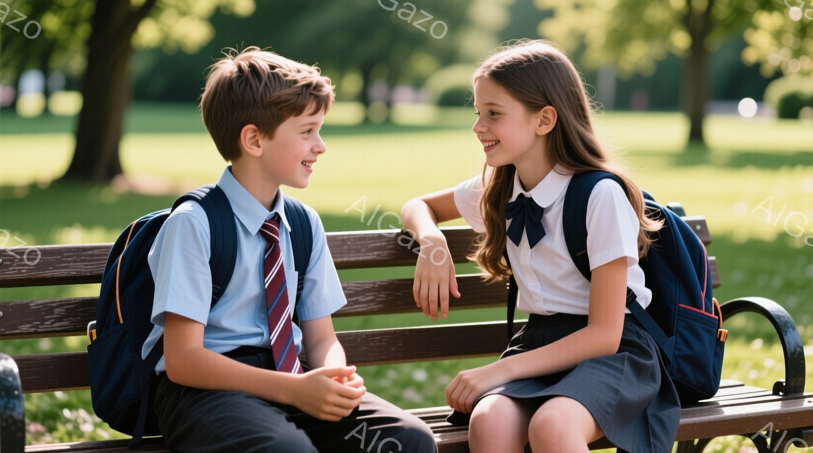 制服を着た少年と少女が公園のベンチに座り、互いに顔を見合わせて微笑んでいます。少年は短い茶色の髪で、ネクタイと制服を着ており、少女は長い茶色の髪を横に流し、制服のスカートとネクタイを締めています。背景 - AI生成フリー素材