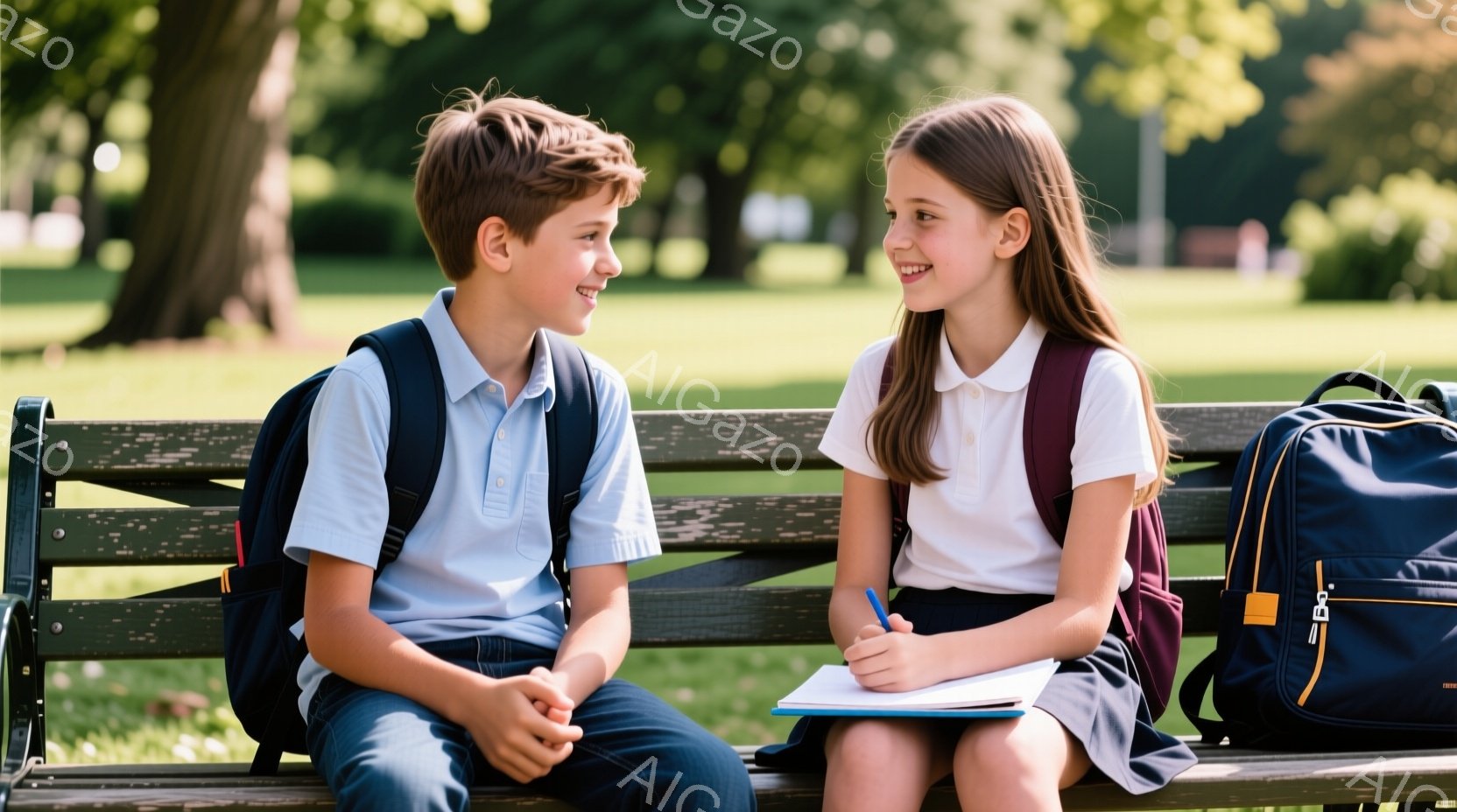 少年と少女が公園のベンチに座り、向かい合って話しています。少年は水色のポロシャツとジーンズ、少女は白いシャツと紺色のスカートを着ており、それぞれリュックサックを背負っています。背景には緑豊かな木々が広 - AI生成フリー素材