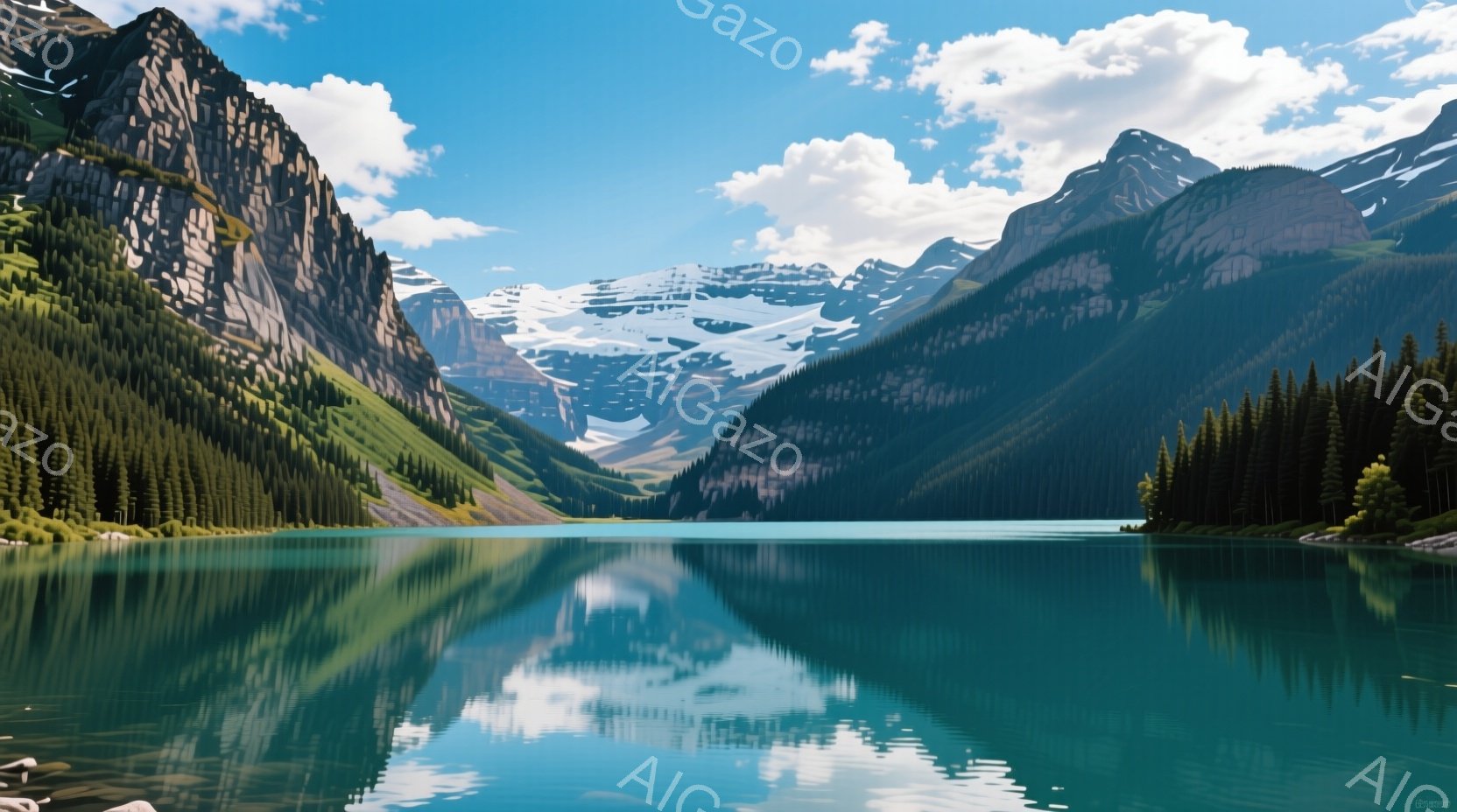 険しい山々とエメラルドグリーンの湖が広がる風景です。山頂は雪に覆われ、山肌には緑豊かな森林が広がっています。湖面は静かで、山々と空の鮮やかな反射が映り込み、穏やかな雰囲気を醸し出しています。