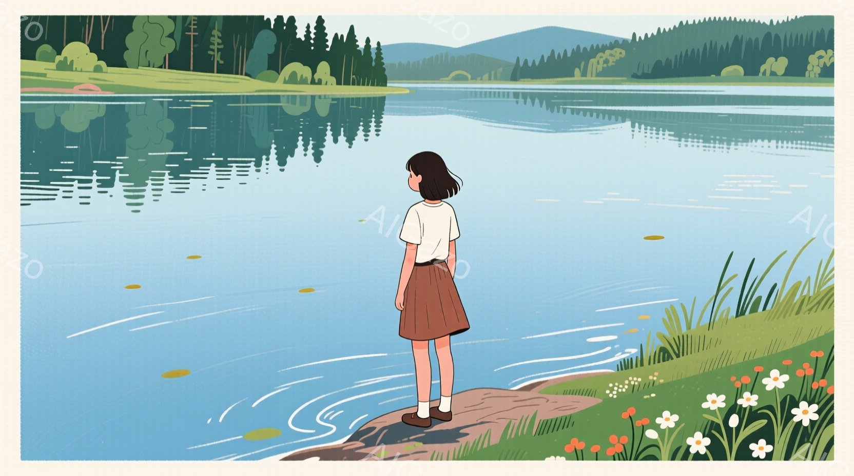 短い黒髪の少女が、湖のほとりに立っている。白いシャツに茶色のスカート、そして黒い靴を履いており、後ろを向いて湖を見つめている様子は、どこか物憂げで静かだ。背景には緑豊かな山々と青い空が広がり、湖面には - AI生成フリー素材
