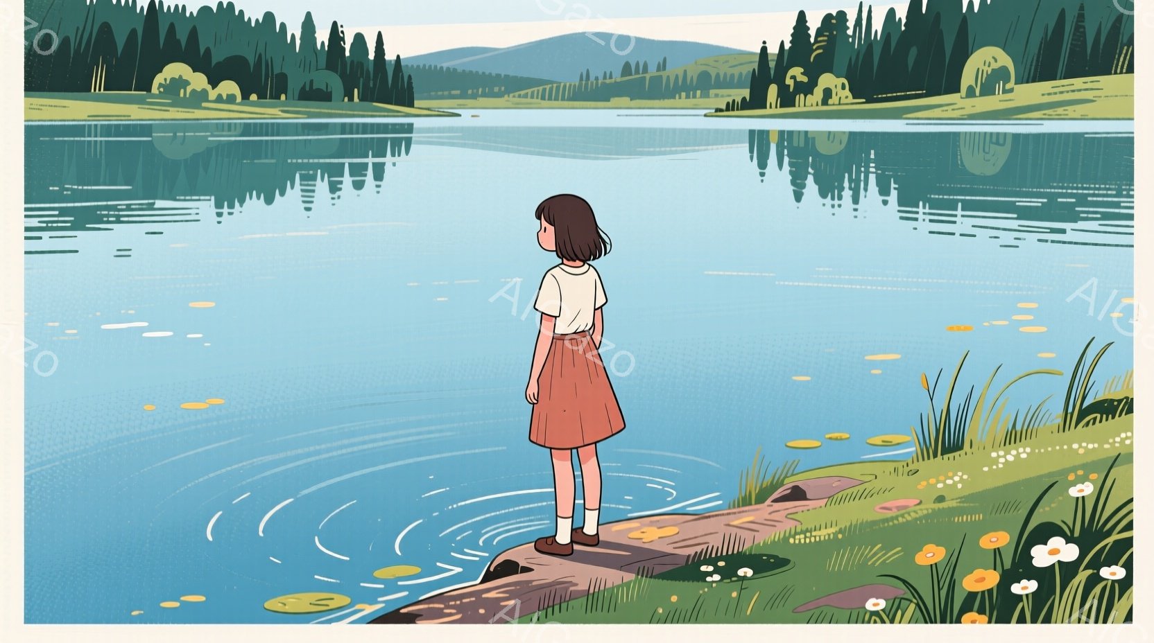 短い茶色の髪を持つ少女が、緑色のスカートと白いシャツを着て、湖のほとりに立っている。彼女は湖を見つめ、少しうつむき加減で、静かで物憂げな雰囲気を醸し出している。背景には緑豊かな森林と穏やかな湖が広がり - AI生成フリー素材