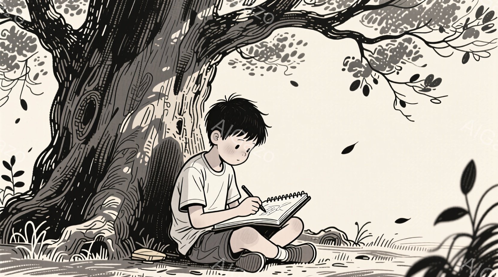 短い髪の少年が、木の根元に座ってスケッチブックに何かを描いている。少年は薄い色のシャツと短いズボン、そして靴下を履いており、集中した表情でペンを走らせている。背景には草が生い茂り、木々が影を作り、穏やかで静かな雰囲気が漂っている。
