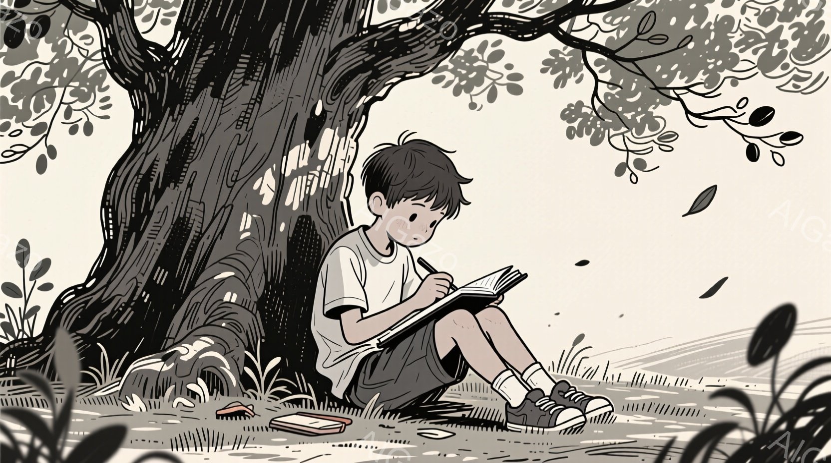 短い髪の少年が木の根元に座ってスケッチブックに何かを描いている。彼は白いTシャツ、濃い色のショートパンツ、スニーカーを履いており、リラックスした姿勢で膝を曲げている。背景には草が生い茂り、落ち葉が散らばっており、穏やかで自然な雰囲気が漂っている。