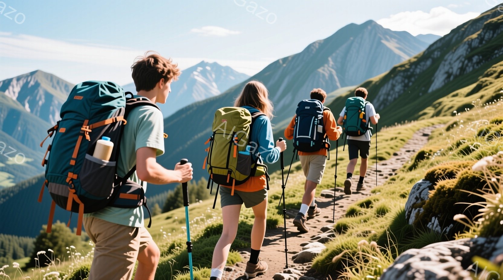 ハイキング愛好家と思われる三人が、緑豊かな山道を登っている様子が写っている。彼らは皆、バックパックを背負い、トレッキングポールを使用しており、アウトドアウェアとショートパンツを着用している。背景には、日差しが照らすなだらかな山々が広がり、晴天のハイキングに最適な一日であることがわかる。