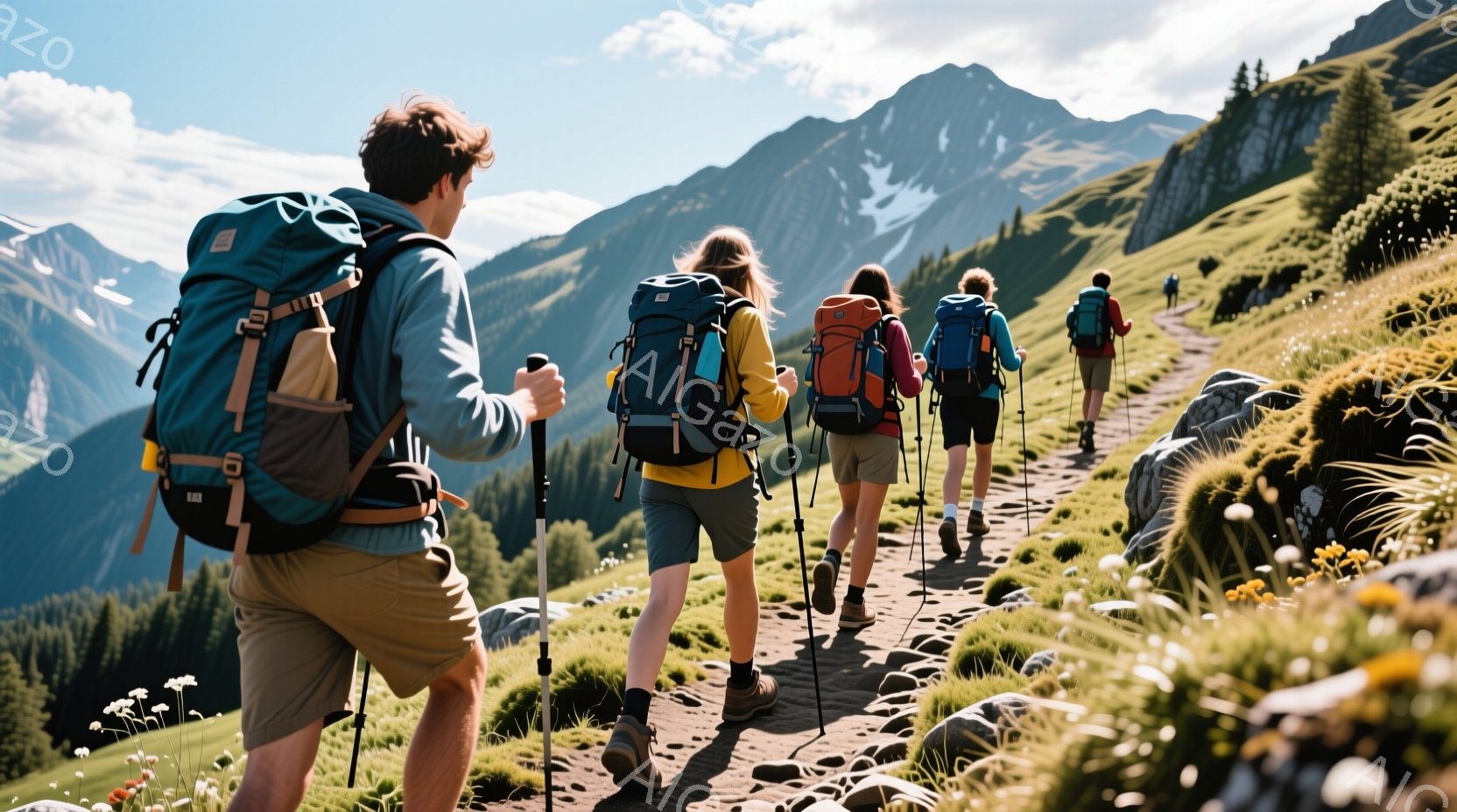 ハイキングを楽しむ人々が山道を登っている様子が写っている。彼らは皆、バックパックを背負い、トレッキングポールを使って歩いている。背景には緑豊かな山々と青空が広がり、晴れた日の自然を満喫している様子が伝わる。