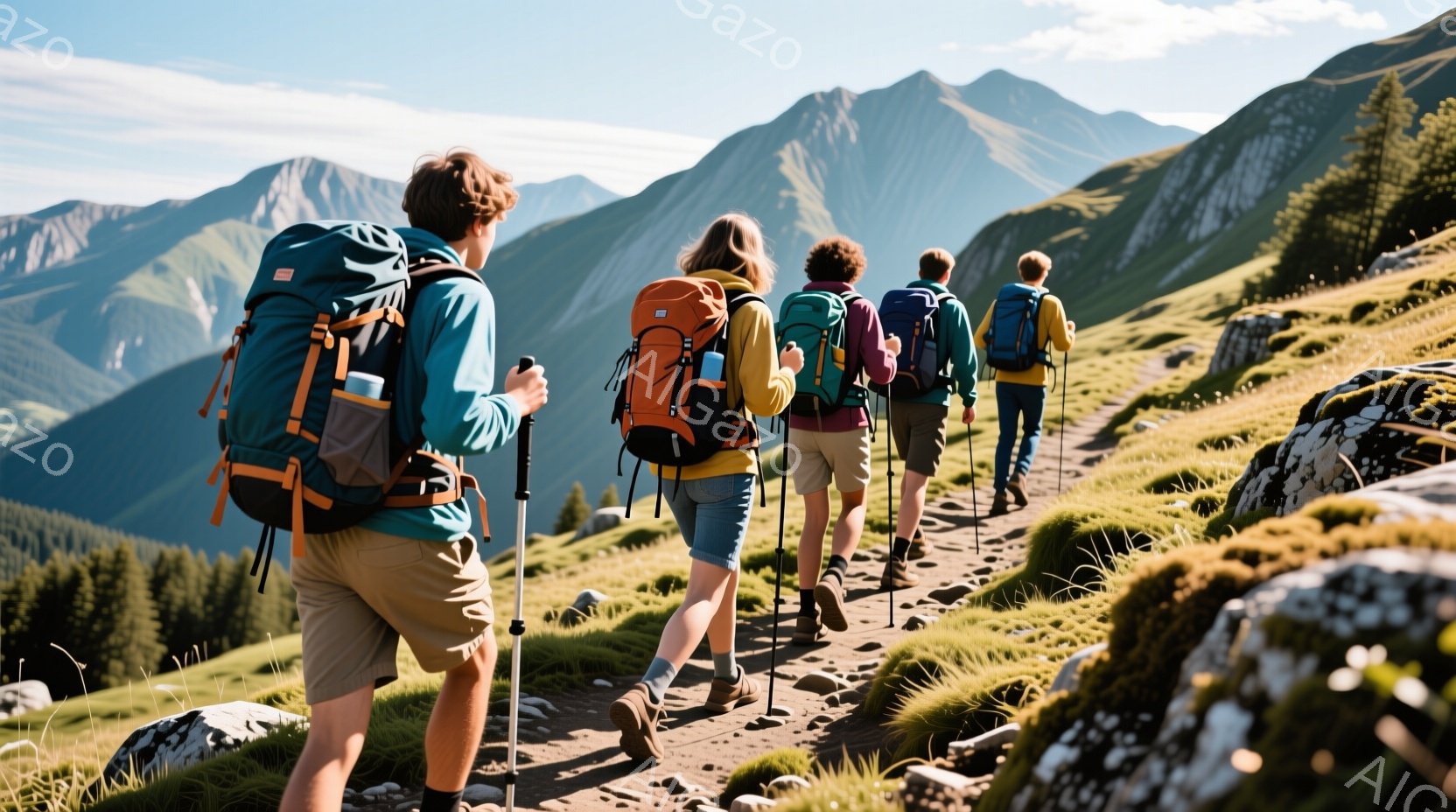 ハイキング客が山道を歩いている様子が写っている。彼らは皆、バックパックを背負い、トレッキングポールを使って歩いており、日焼け止め対策として帽子を着用している。背景には緑豊かな山々が広がり、晴天の空が広がっているため、爽やかで活気のある雰囲気が漂っている。