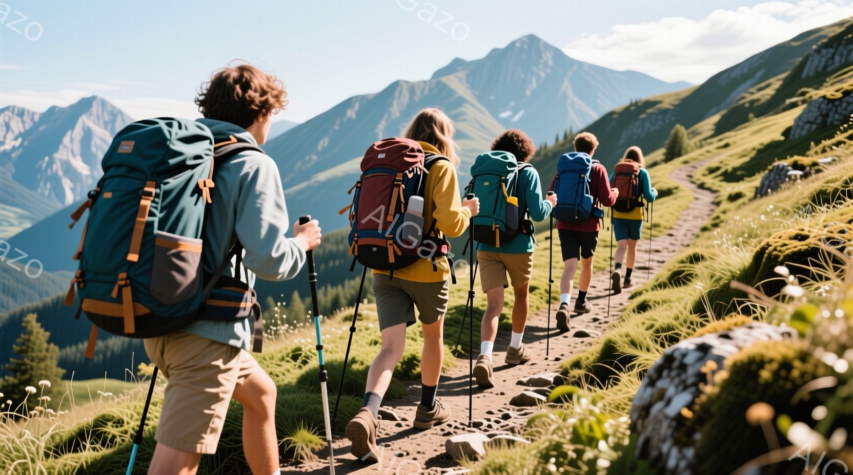 ハイキングをする人々が、山道を登っている様子が写っています。彼らは皆バックパックを背負い、トレッキングポールを使って歩いています。背景には緑豊かな山々と青空が広がり、晴れた日のアウトドアアクティビティを楽しむ様子が伝わってきます。