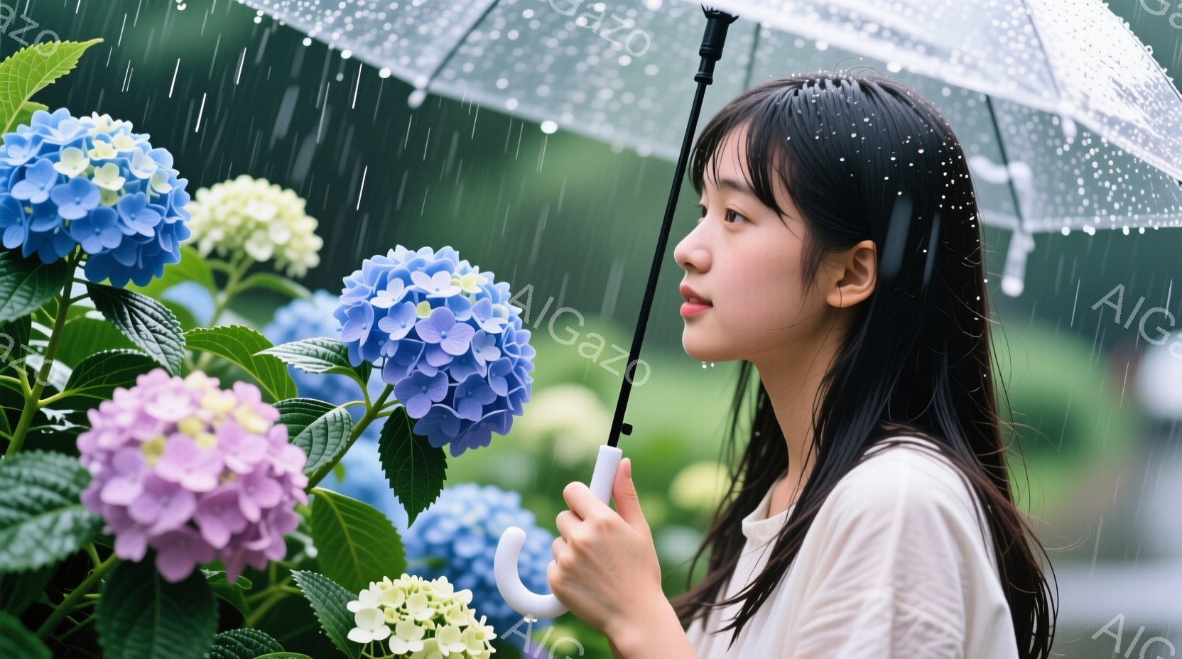 長い黒髪を後ろに流し、白いトップスを着た若い女性が紫と青色の紫陽花に囲まれています。彼女は透明な傘を持ち、雨の中、少し上目線で遠くを見つめており、物憂げで静かな表情をしています。背景には緑豊かな植物と雨が降り注ぎ、全体的にしっとりとした、少し寂しげな雰囲気を醸し出しています。