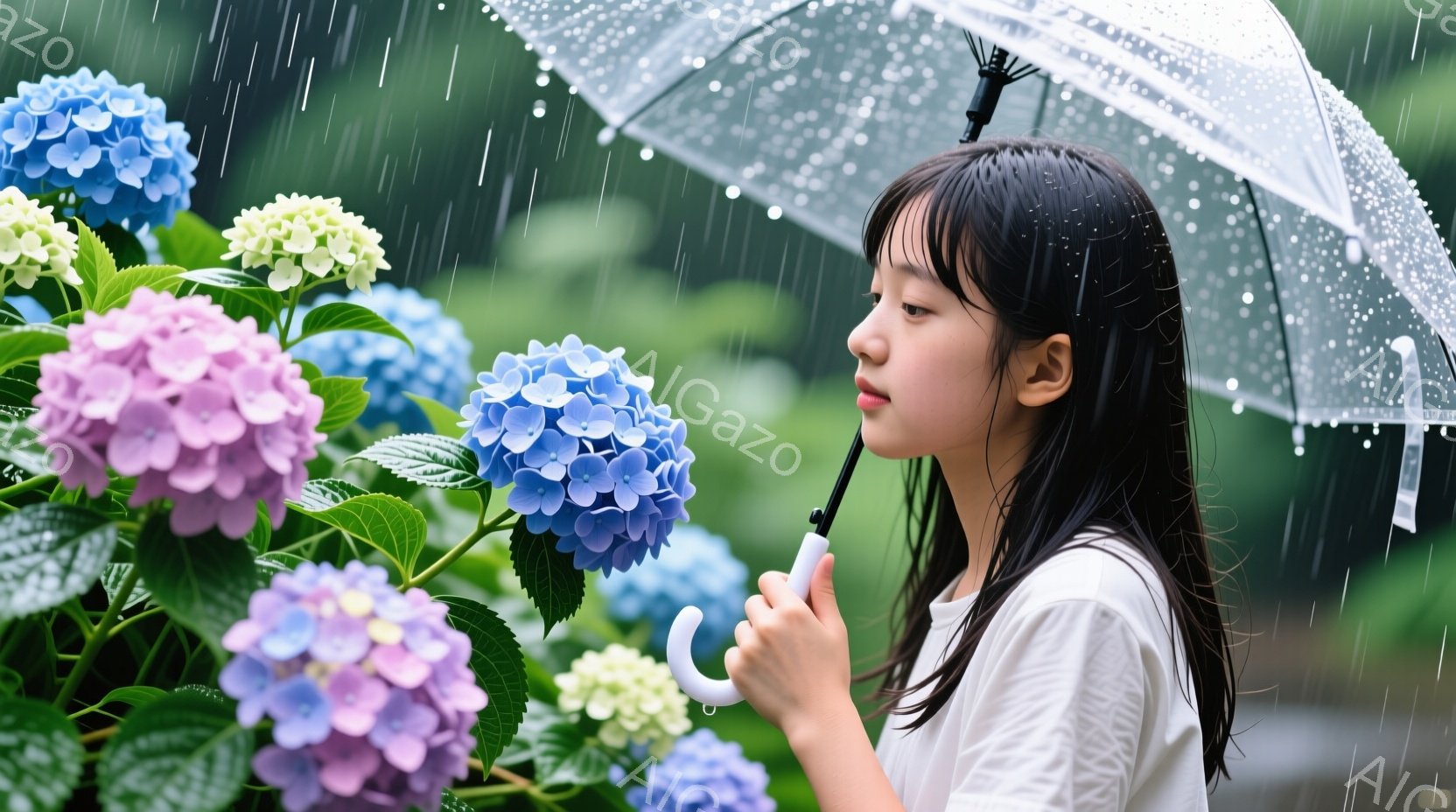 雨が降る中、白いシャツを着た若い女性が紫陽花のそばに立っている。彼女は長い黒髪で、少し横を向いており、物憂げな表情をしている。背景には様々な色の紫陽花が咲き乱れ、雨の静かでロマンチックな雰囲気を醸し出している。