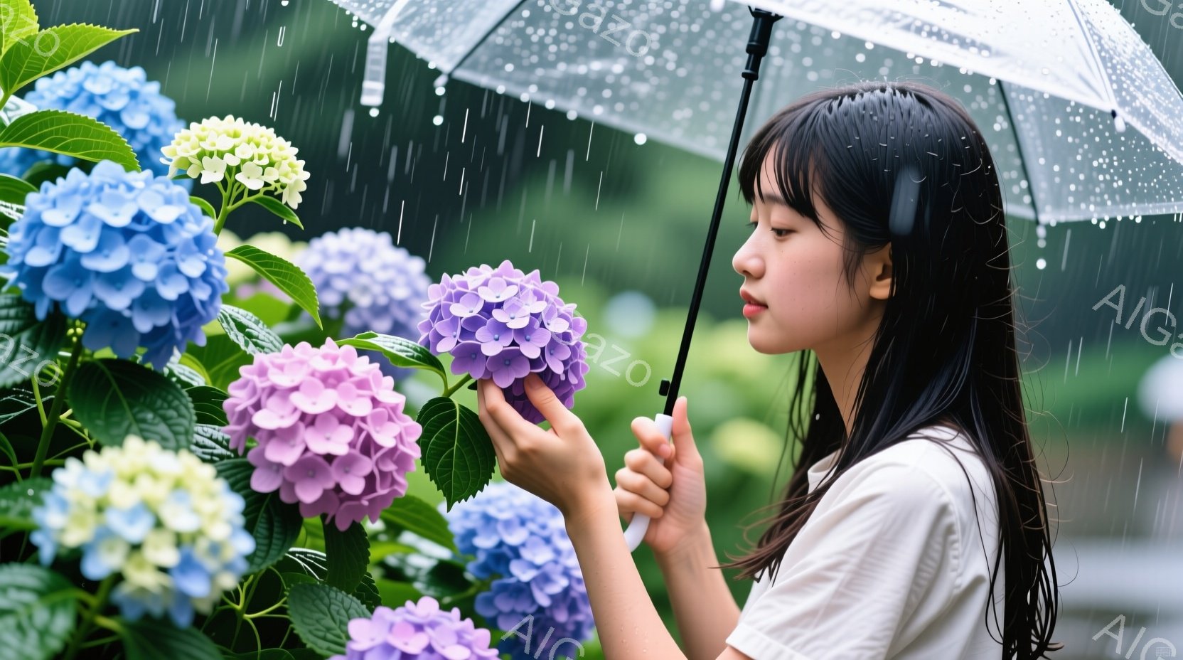 黒髪の女性が雨の中で紫色の紫陽花を手に持っています。白いTシャツを着ており、濡れた髪が肩にかかっています。背景には様々な色の紫陽花が咲き乱れ、雨粒が降り注ぐ幻想的な雰囲気が漂っています。 - AI生成フリー素材