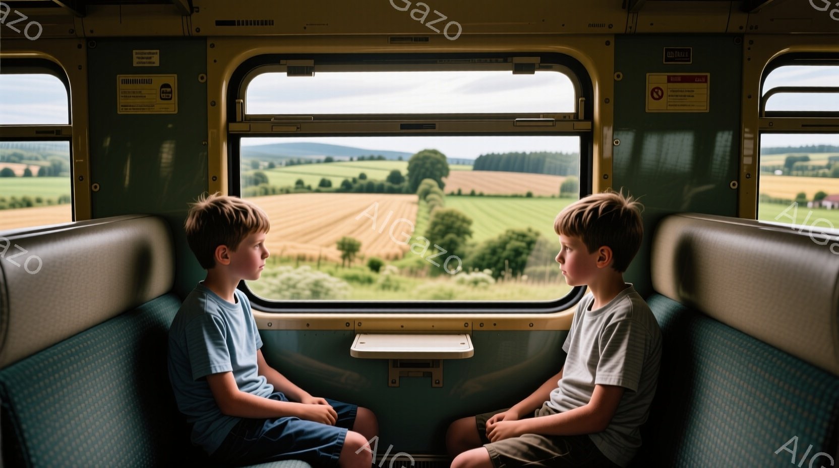 少年二人が緑色の列車内座席に座っており、それぞれ反対方向を向いている。彼らはTシャツと短パンを着ており、どちらも前髪を少し長めに伸ばした、短髪のヘアスタイルをしている。窓の外には、緑豊かな丘陵地帯と畑 - AI生成フリー素材