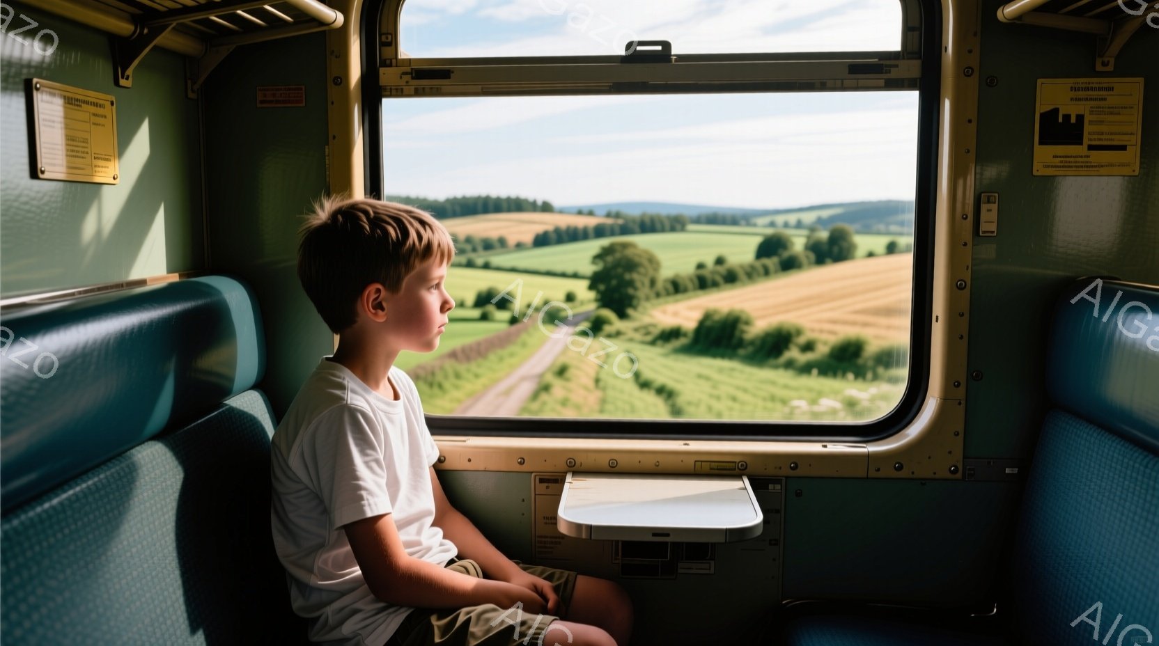 少年は、ターコイズブルーの座席に座り、窓の外を眺めている。白いTシャツとカーキ色の短いズボンを着用し、短髪で、少し考え込んでいるような表情をしている。窓の外には、緑豊かな田園風景が広がり、晴天の下、遠くまで続く線路が見える。
