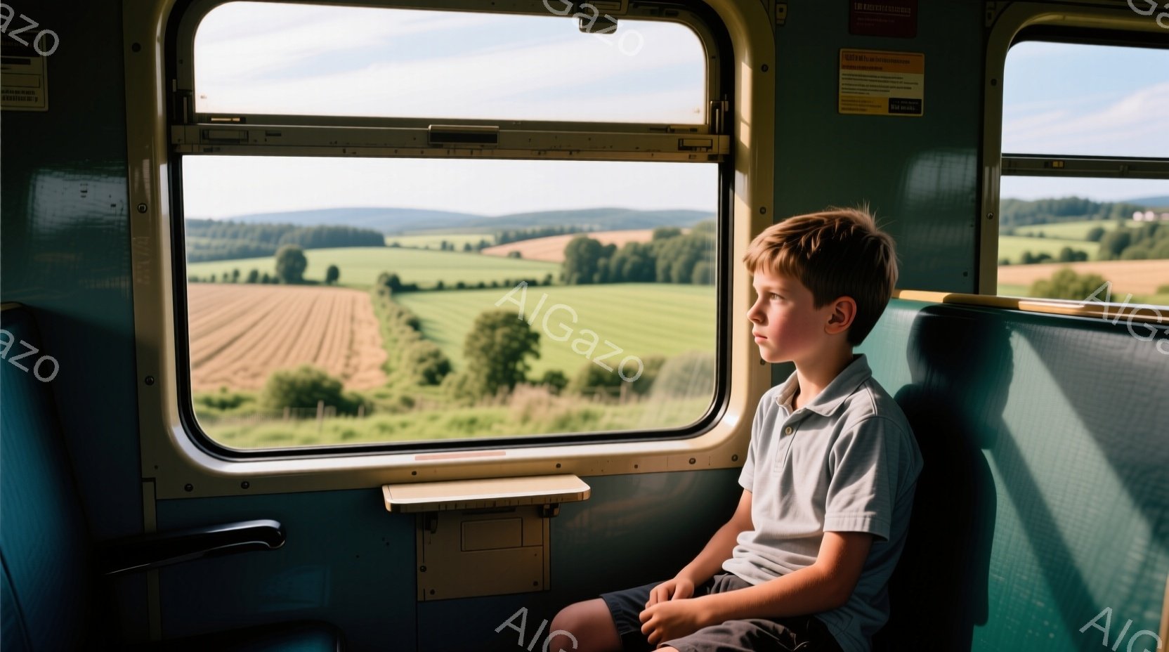 若い少年が緑色の列車の座席に座り、窓の外を物憂げに見つめている。彼は薄い灰色のシャツと紺色の短パンを着ており、短く整えられた髪をしている。背景には緑豊かな田園風景が広がり、晴れた空の下、穏やかな天候で - AI生成フリー素材