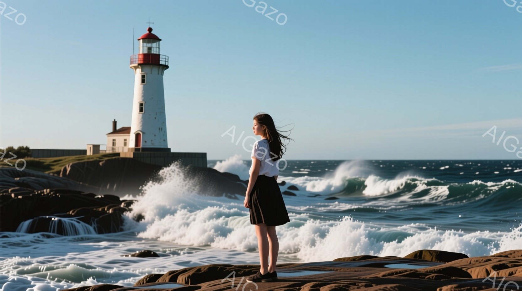 長い髪を風になびかせ、白いTシャツと黒いスカートを着た女性が岩場に立っている。背景には、断崖の上に立つ白い灯台があり、荒々しい波が打ち寄せている。青空と力強い自然が広がり、静けさと力強さが混ざり合った雰囲気が漂っている。