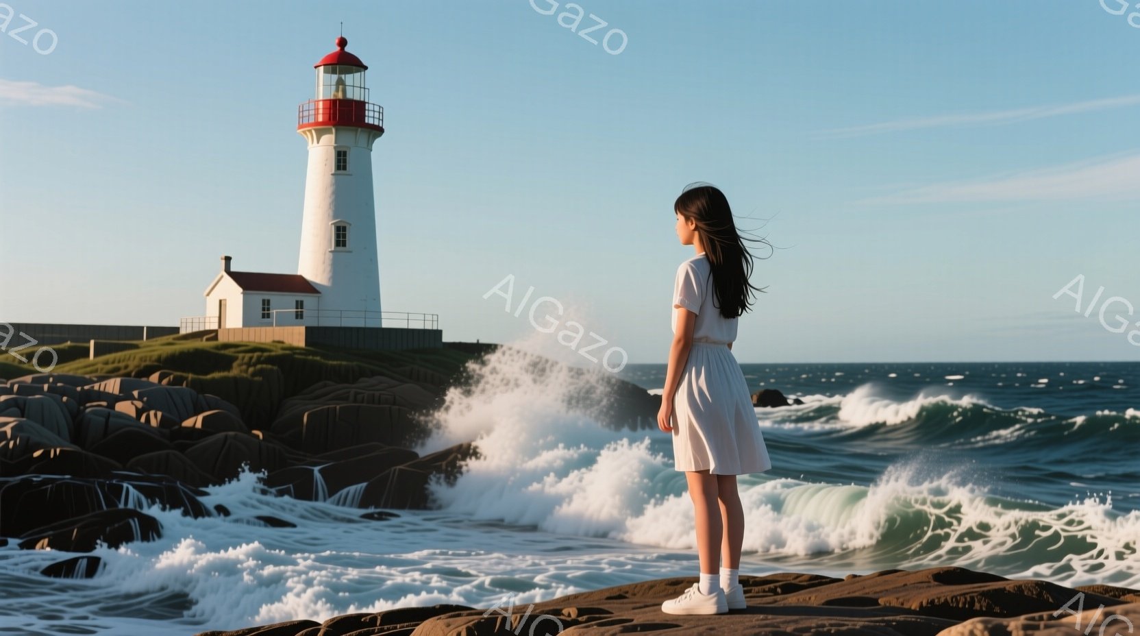 岩場で白いワンピースを着た女性が海を眺めている。彼女は黒髪で、後ろから見た姿は穏やかで、波が打ち寄せる海岸と白くそびえ立つ灯台が背景にある。空は晴れ、波の音が聞こえてきそうな、静かで穏やかな雰囲気が漂 - AI生成フリー素材