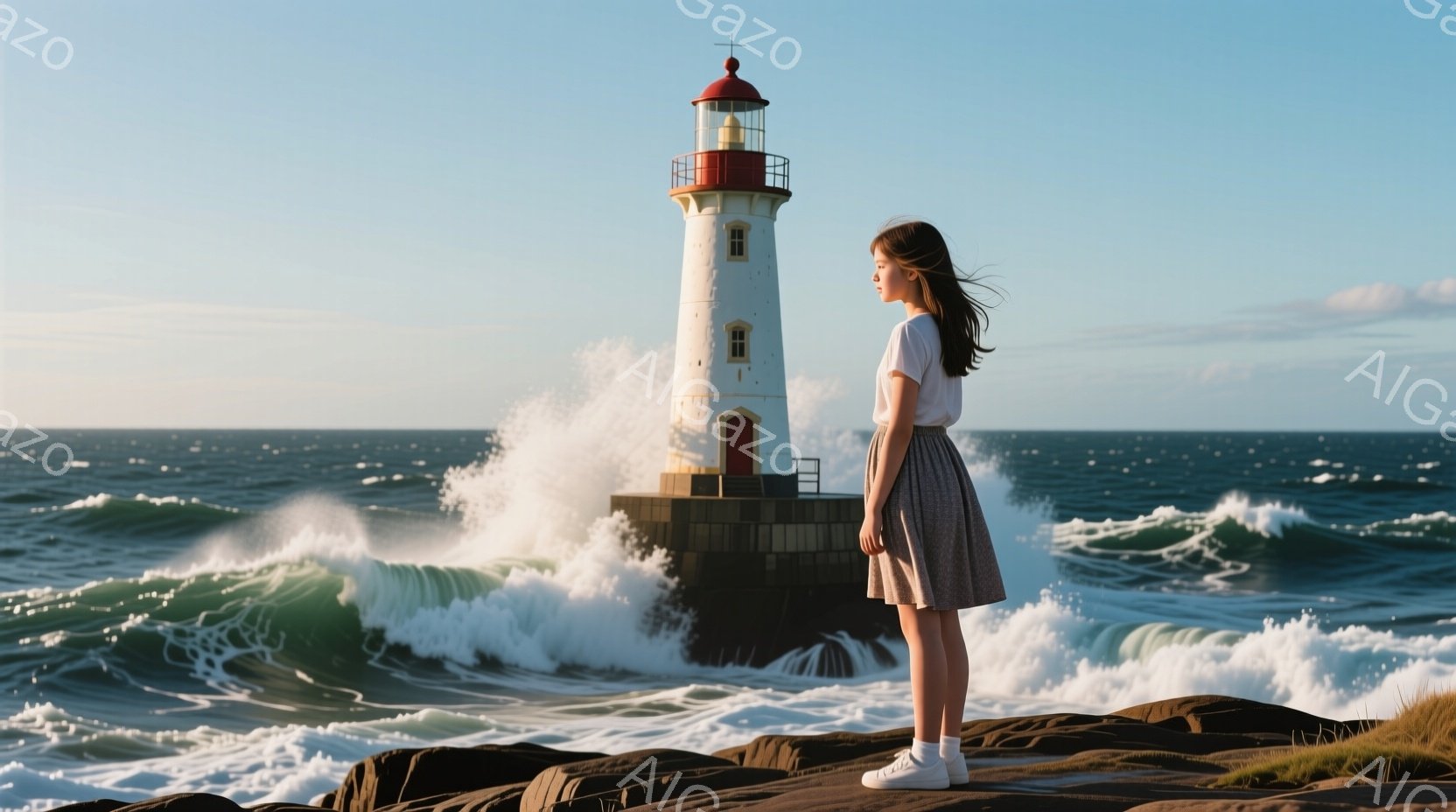 波が打ち寄せる岩場の上に立つ若い女性が写っています。彼女は白いTシャツとグレーのフレアスカート、白いスニーカーを身に着け、風になびく長い黒髪を持っています。背景には、海に突き出した岩の上に立つ白と赤の灯台があり、荒々しい海の風景と相まって、どこか寂しげで希望に満ちた雰囲気を醸し出しています。