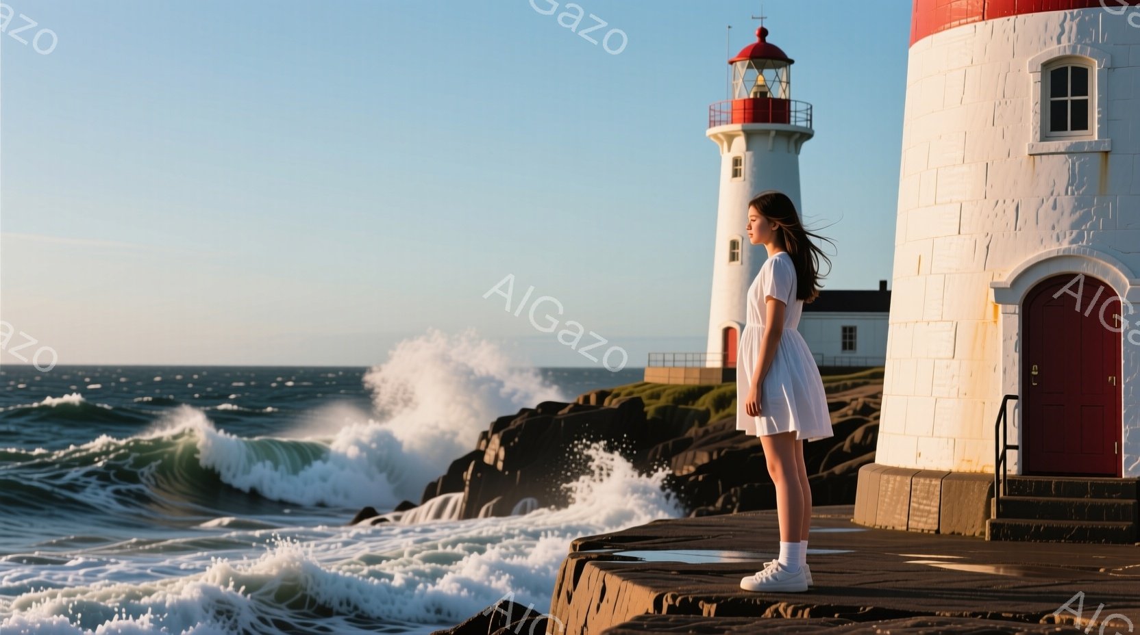 白いワンピースを着た女性が、灯台のそばの岩場に立っている。彼女は長い黒髪を後ろに垂らし、海を眺めながら横を向いており、どこか物憂げな表情をしている。背景には荒々しい波が打ち寄せ、灯台が海にそびえ立ち、 - AI生成フリー素材