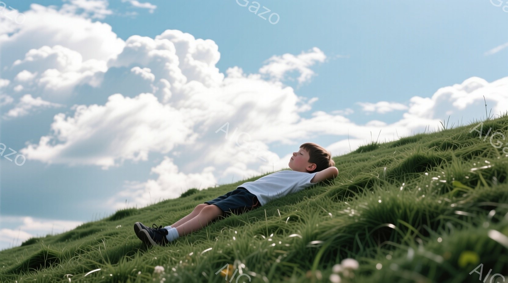 緑の丘に横たわる少年が写っている。白いTシャツに短い紺色のズボンを履き、黒い靴を履いている。空は青く、ふわふわとした白い雲が広がり、穏やかで平和な雰囲気を醸し出している。