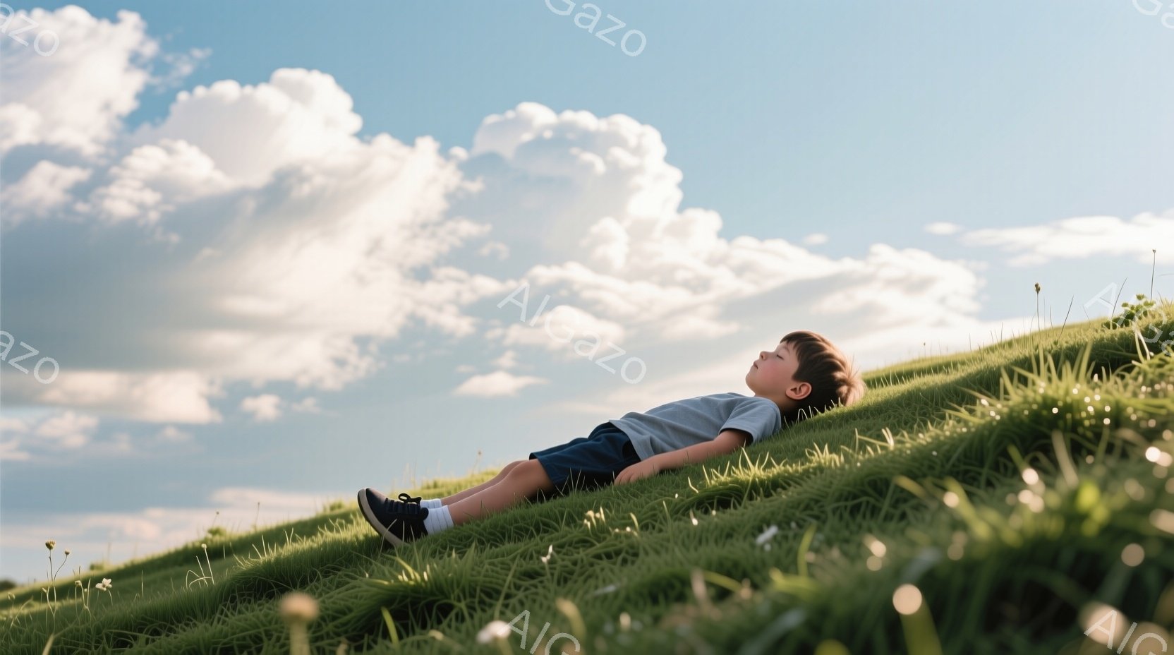 短い髪の少年が緑の斜面に横たわっており、青いTシャツと紺色の短パンを着用しています。空を見上げ、リラックスした表情をしています。背景には白い雲が浮かぶ青空と、白い小さな花が咲く緑の草原が広がっており、穏やかで平和な雰囲気が漂っています。