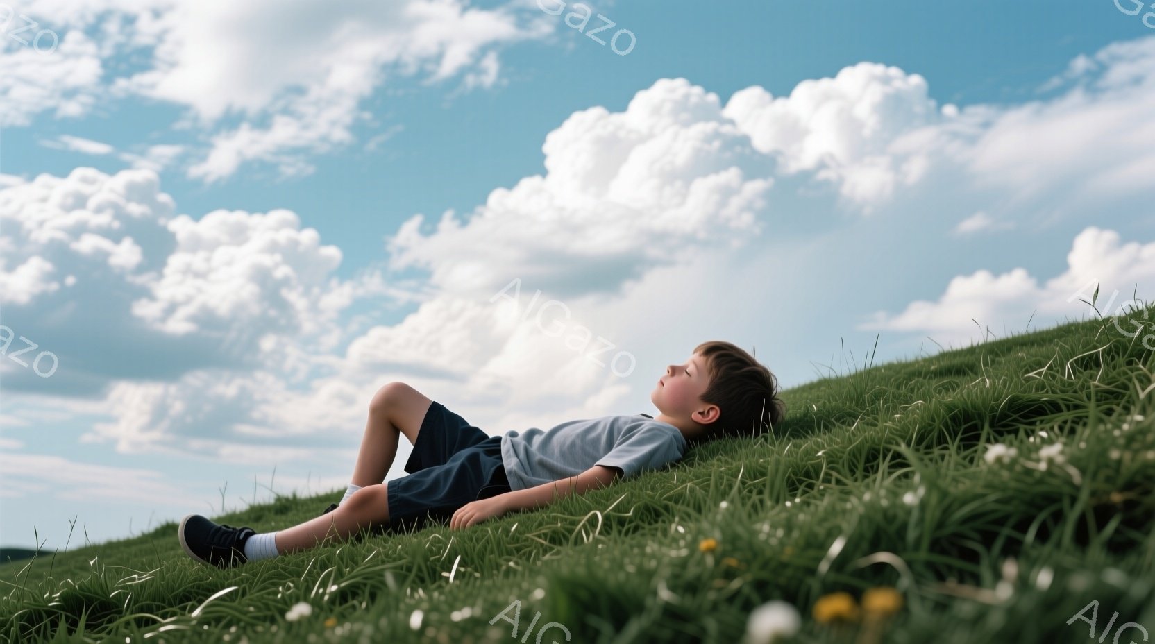 少年は緑豊かな丘の斜面に横たわっており、空を見上げている。彼は灰色のTシャツと紺色の短パンを着用し、黒いスニーカーを履いている。背景には青空と白い雲が広がり、穏やかでリラックスした雰囲気が漂っている。