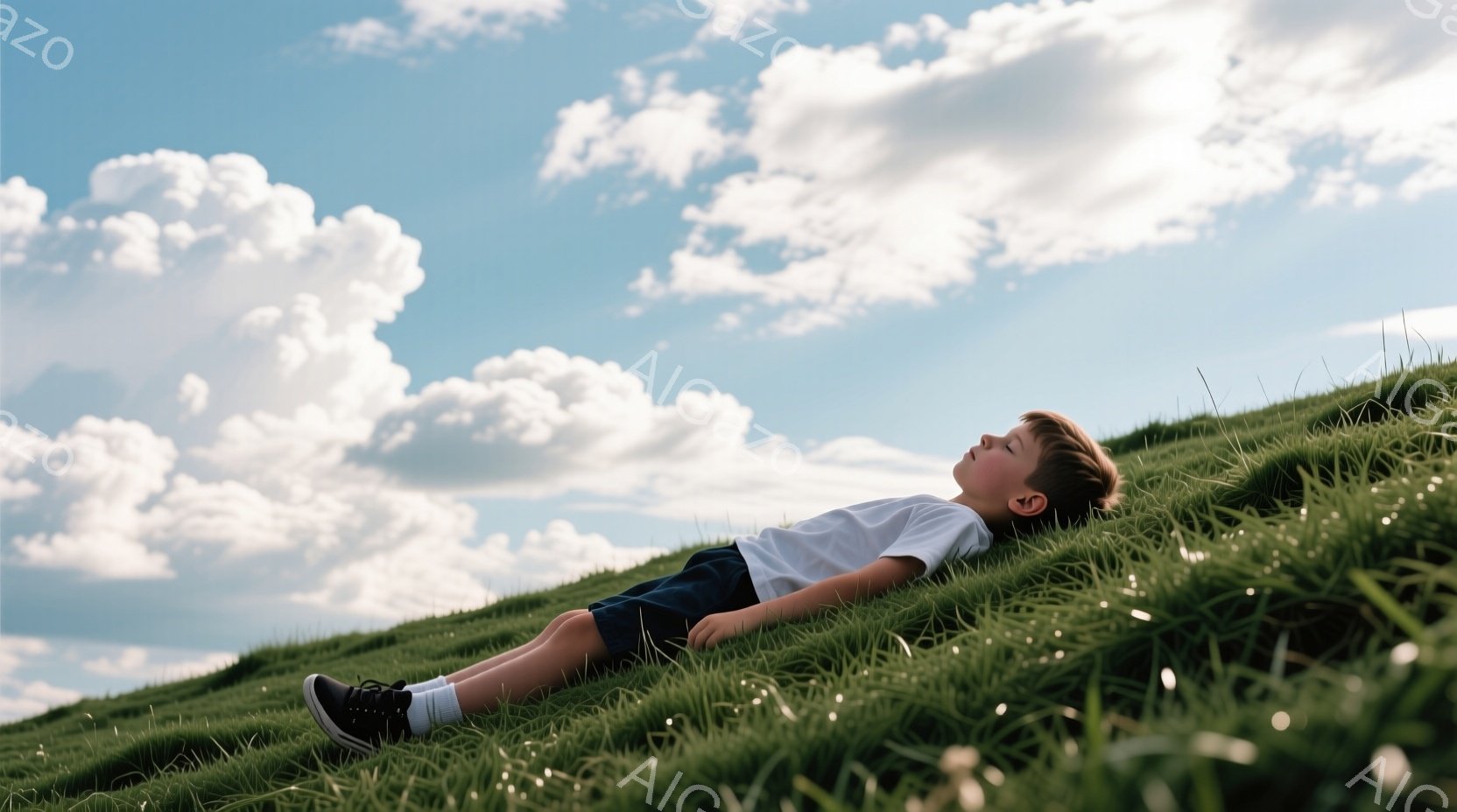 青々とした草原に横たわる少年が写っている。白いTシャツと紺色の短パンを身につけ、黒いスニーカーを履いている。空には白い雲が広がり、晴天で穏やかな雰囲気が漂っている。