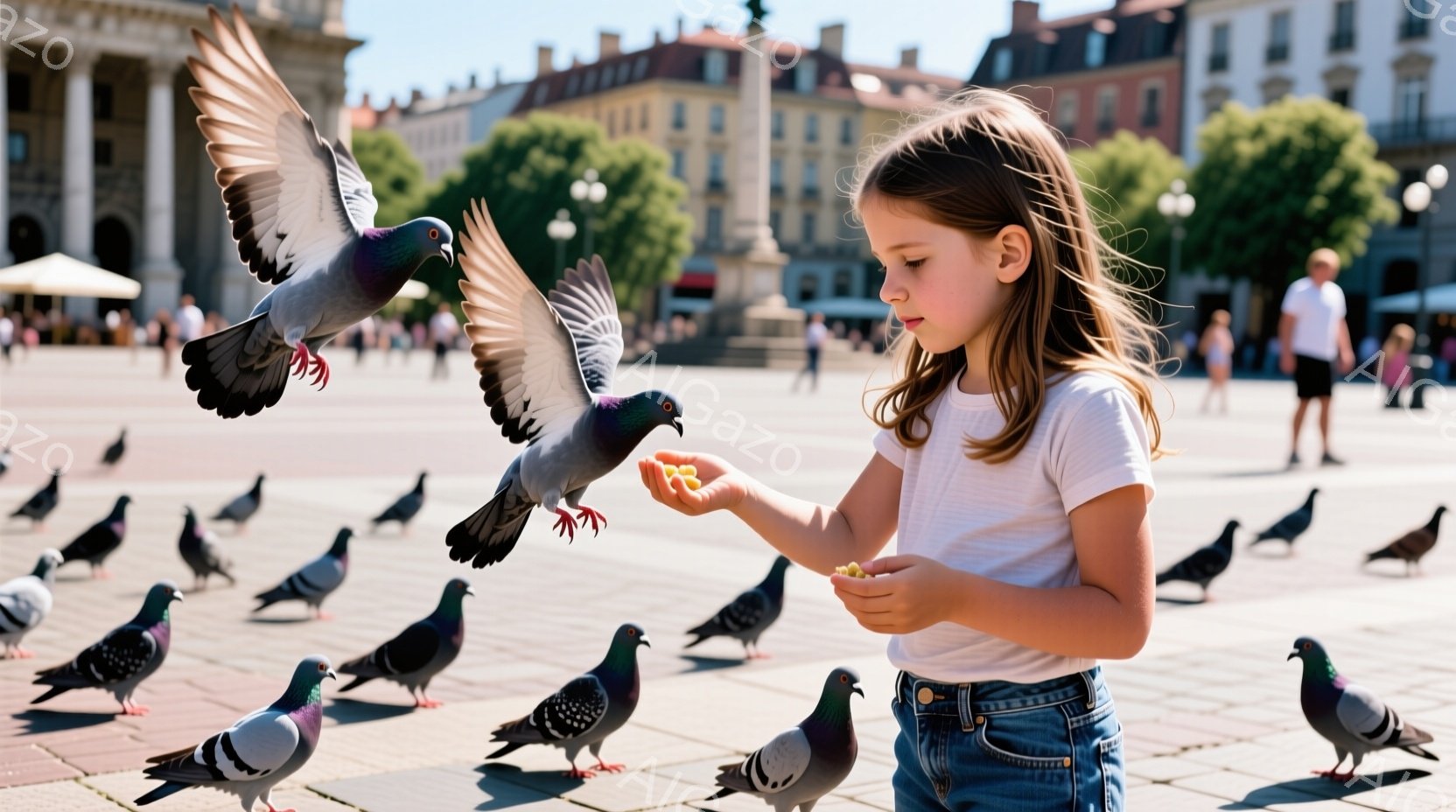 金髪の少女が広場でハトに餌をあげています。白いTシャツとジーンズ姿で、髪は肩まで伸びています。背景には石造りの建物が並び、晴れた空の下、多くのハトが彼女の周りに集まっています。 - AI生成フリー素材