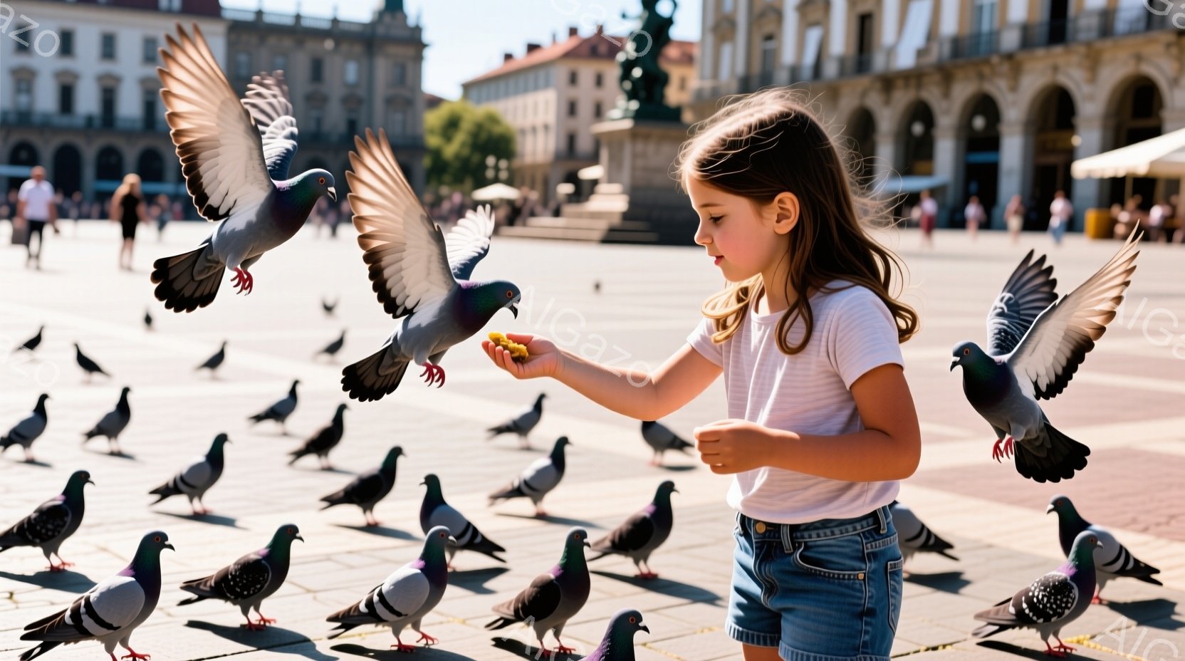 日当たりの良い広場で、少女が鳩に餌をあげています。彼女は白いTシャツとデニムのショートパンツを着ており、髪は後ろで結ばれています。背景には、歴史的な建物が並び、多くの鳩が地面に集まっており、平和で温かい雰囲気が漂っています。