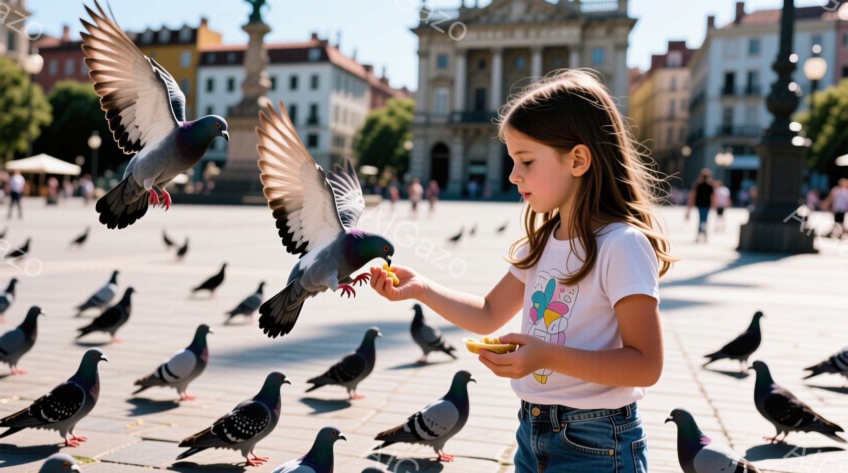 日当たりの良い広場で、少女が鳩に餌をあげています。少女は明るい色のTシャツとジーンズを着ており、髪は肩まで伸びています。背景には、歴史的な建物が並び、多くの人々が歩いています。
