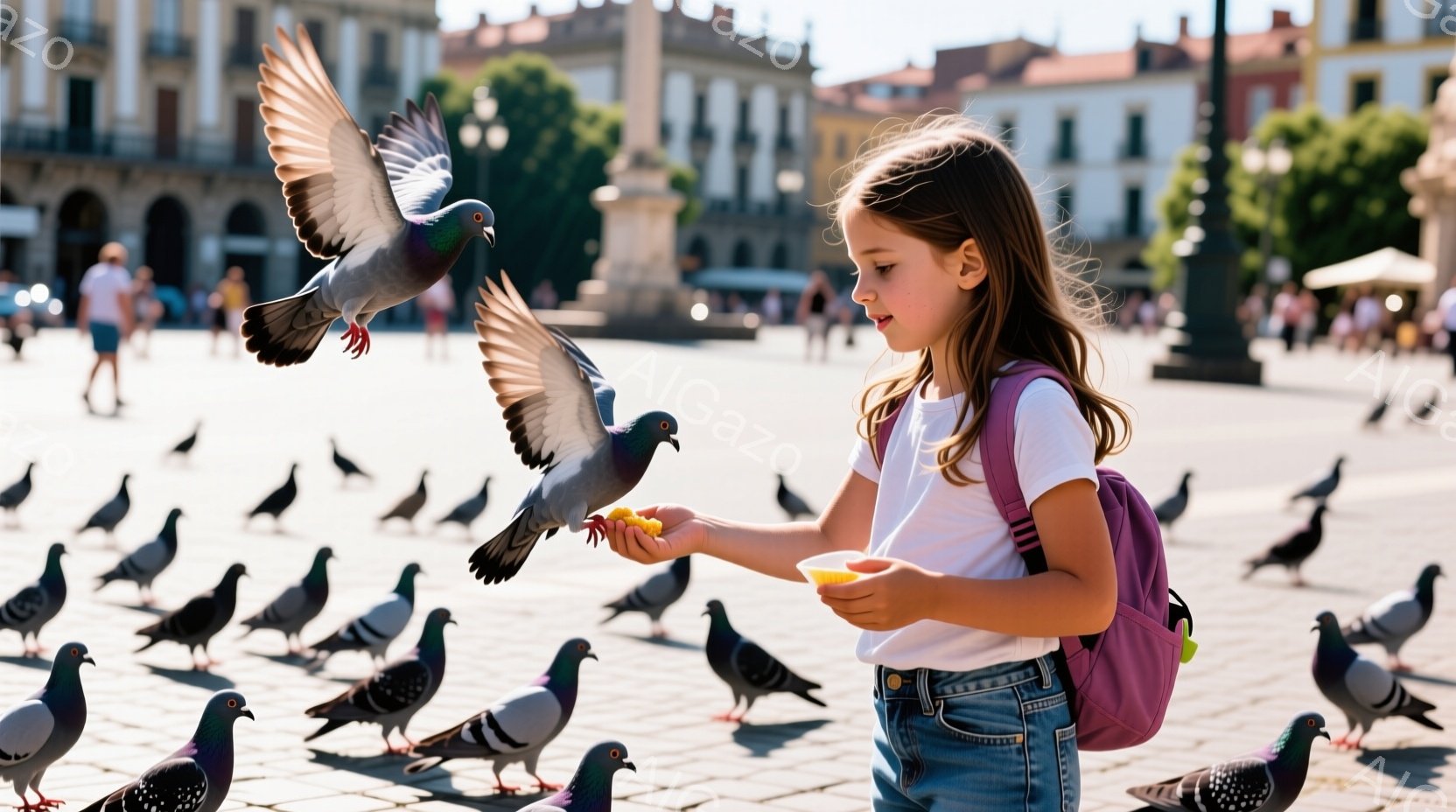 青い空の下、少女が広場に群がる鳩に餌をあげています。彼女は白いTシャツにジーンズ姿で、肩にピンクのリュックを背負い、鳩に手を差し伸べています。背景には、歴史的な建物が並び、多くの人が歩いており、暖かい春の日の穏やかな雰囲気が漂っています。