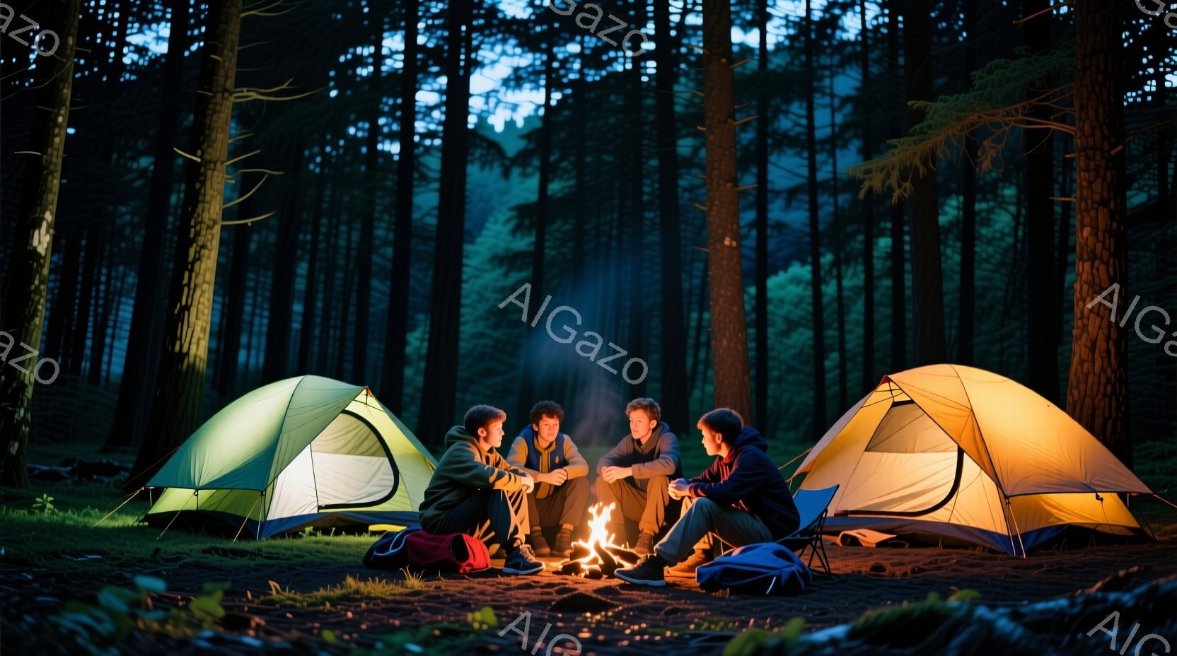 4人の男性がキャンプファイヤーを囲んで座っている様子が写っている。彼らは皆カジュアルな服装で、Tシャツやパーカーを着ている。背景には緑のテントが2つと、暗い森が広がっており、夜の静かで穏やかな雰囲気が漂っている。