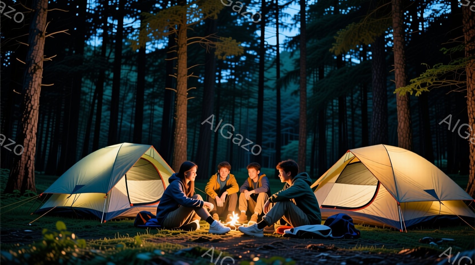 キャンプ場に設営されたテントの周りに、若い男女4人が焚き火を囲んで座っています。彼らはカジュアルな服装で、女性は紫色のジャケット、男性はオレンジ色と濃い青色のジャケットを着ています。背景には暗い森が広がり、焚き火の光が彼らを照らし、親密で温かい雰囲気を醸し出しています。
