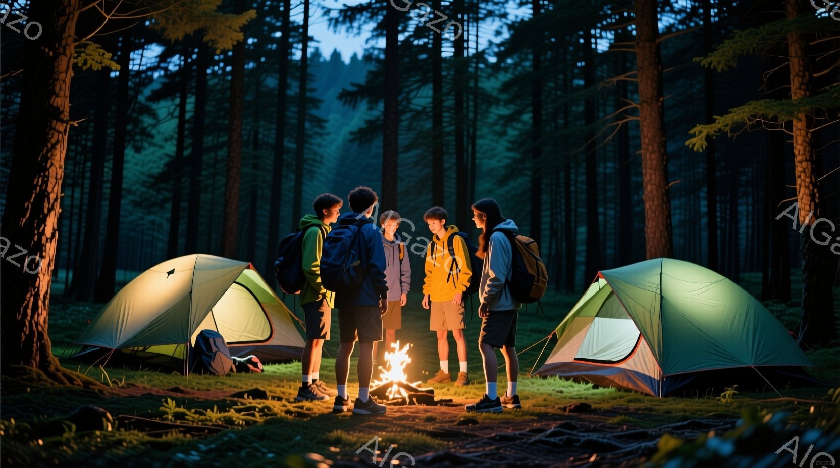 若者４人がキャンプファイヤーを囲んで立っている。彼らは皆、バックパックを背負い、カジュアルな服装で、暖色系のライトに照らされた顔には穏やかな表情が見られる。背景には緑豊かな森林が広がり、テントが２つ設置されており、夜の静寂と暖かさを感じさせる雰囲気である。