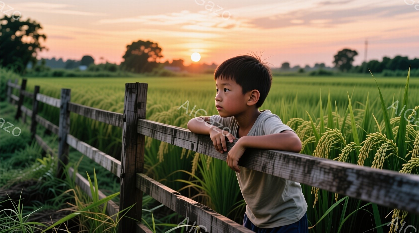 少年は木製の柵にもたれかかり、遠くを見つめています。彼は白のTシャツと青いズボンを身につけ、黒髪を短く切っています。背景には黄金色に輝く稲穂が広がる田園風景と、夕焼け空が広がっており、静かで穏やかな雰囲気を醸し出しています。