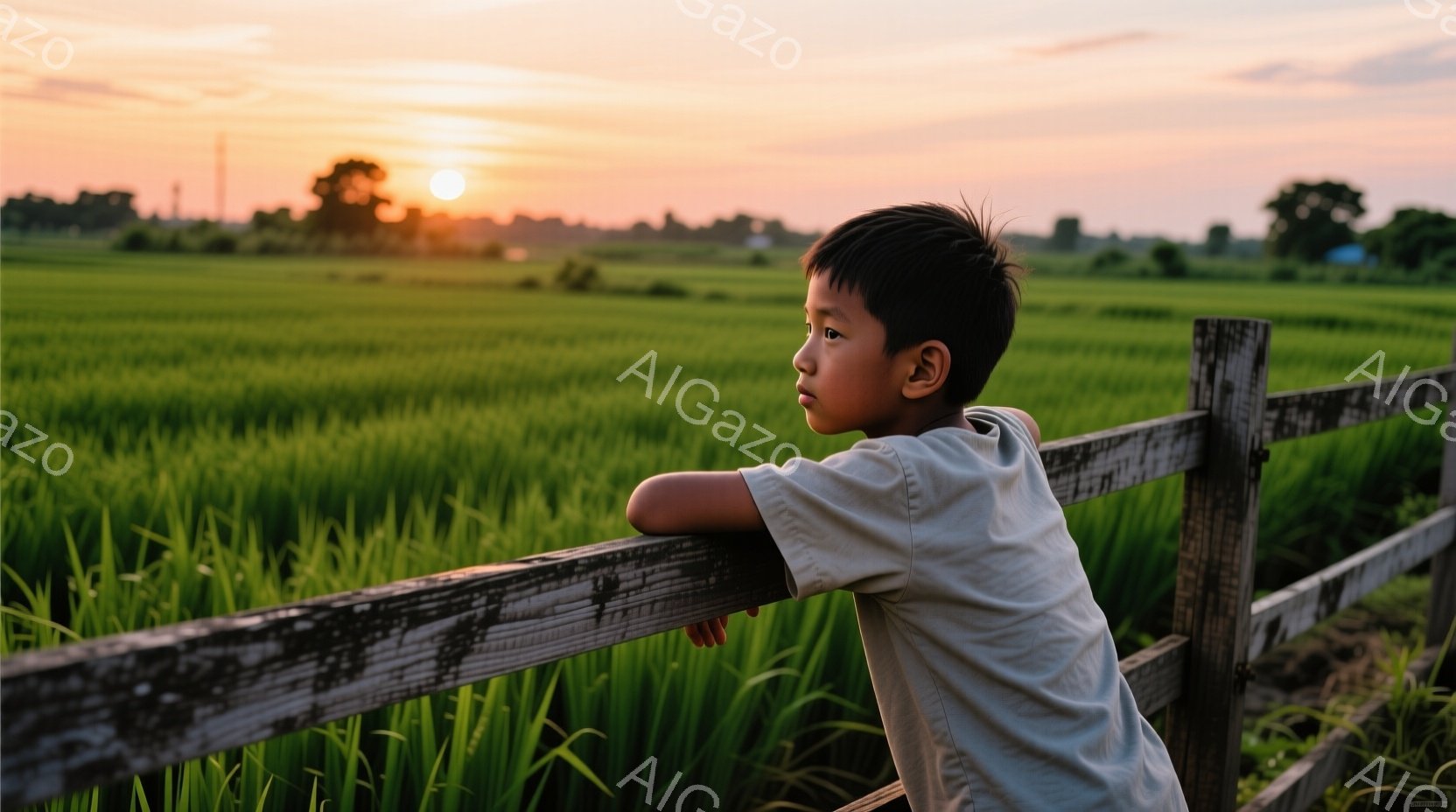 少年は、緑豊かな田んぼに囲まれた木製の柵にもたれかかって立っている。白いTシャツを着ており、短く刈り込まれた黒髪は、少し憂いを帯びた横顔を強調している。背景には夕焼けの空が広がり、暖かく穏やかな雰囲気 - AI生成フリー素材