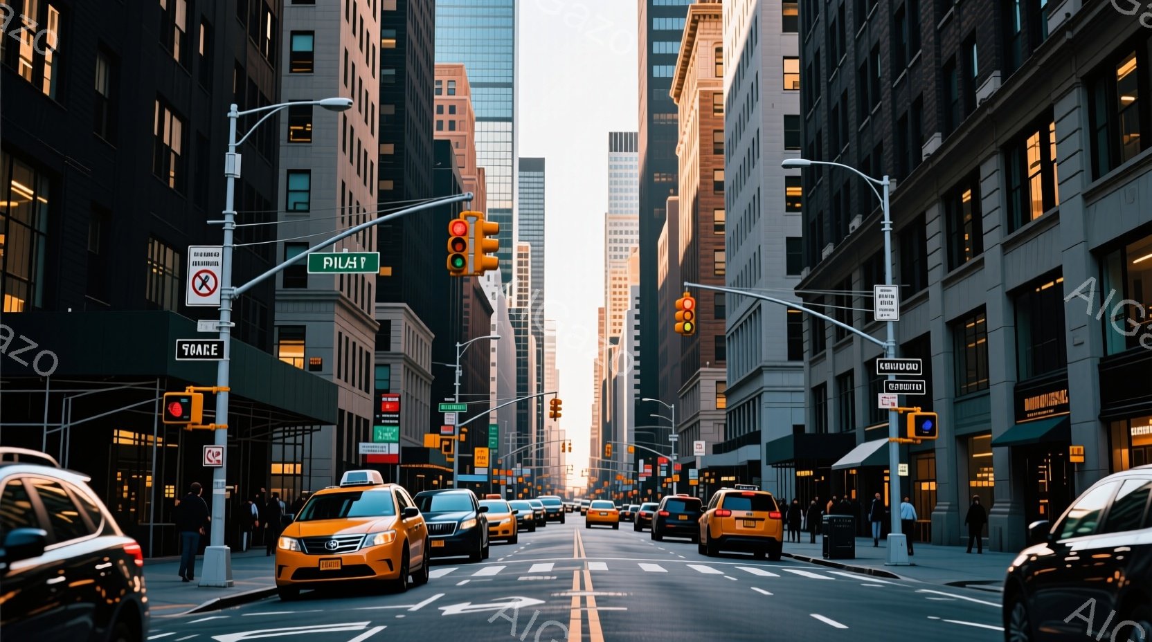 ニューヨークの街並みが写っており、高いビルが両側に見えます。道路にはタクシーや車が並び、歩道には数人の人が歩いています。空は晴れていて、太陽の光がビルの壁に反射し、都会的で活気のある雰囲気が漂っています。