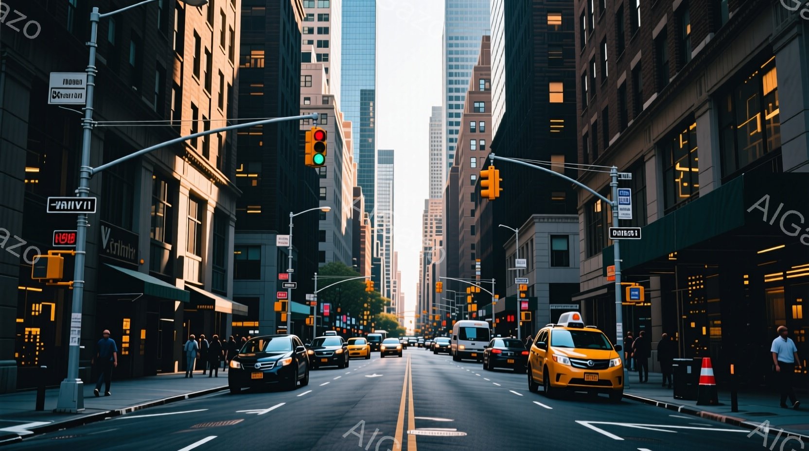 ニューヨークの街並みが写っており、高いビルが両側に立ち並び、道路にはタクシーや車が走っている。人々はビジネススーツやカジュアルな服装で、歩道を歩いているか、信号待ちをしている様子が見て取れる。日差しがビルの隙間から差し込み、都会の喧騒と光のコントラストが、洗練された雰囲気を醸し出している。