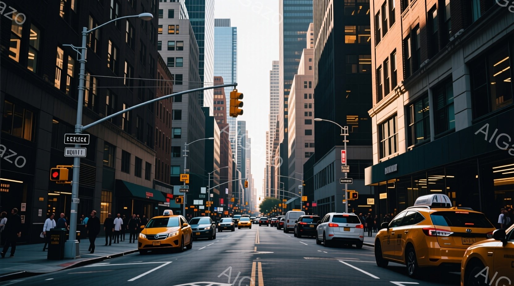 ニューヨークのマンハッタンの街並みが写っている。高層ビルが両側に立ち並び、黄色いタクシーや様々な車が道路を走行している。歩道には人々が歩いており、ビジネススーツを着ている人が多く、都会的で活気のある雰囲気が漂っている。