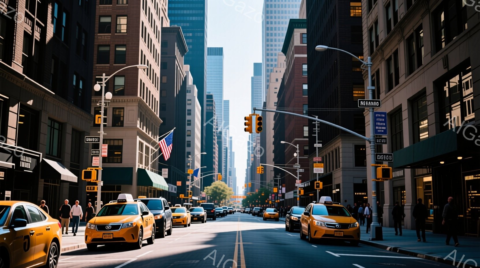 ニューヨークの街並みが写っており、両側に高層ビルが立ち並び、その間に車が並んでいます。人々はカジュアルな服装で、歩道を歩いたり、車道を横断したりしています。晴れた日差しがアスファルトに反射し、賑やかで活気のある雰囲気を感じさせます。