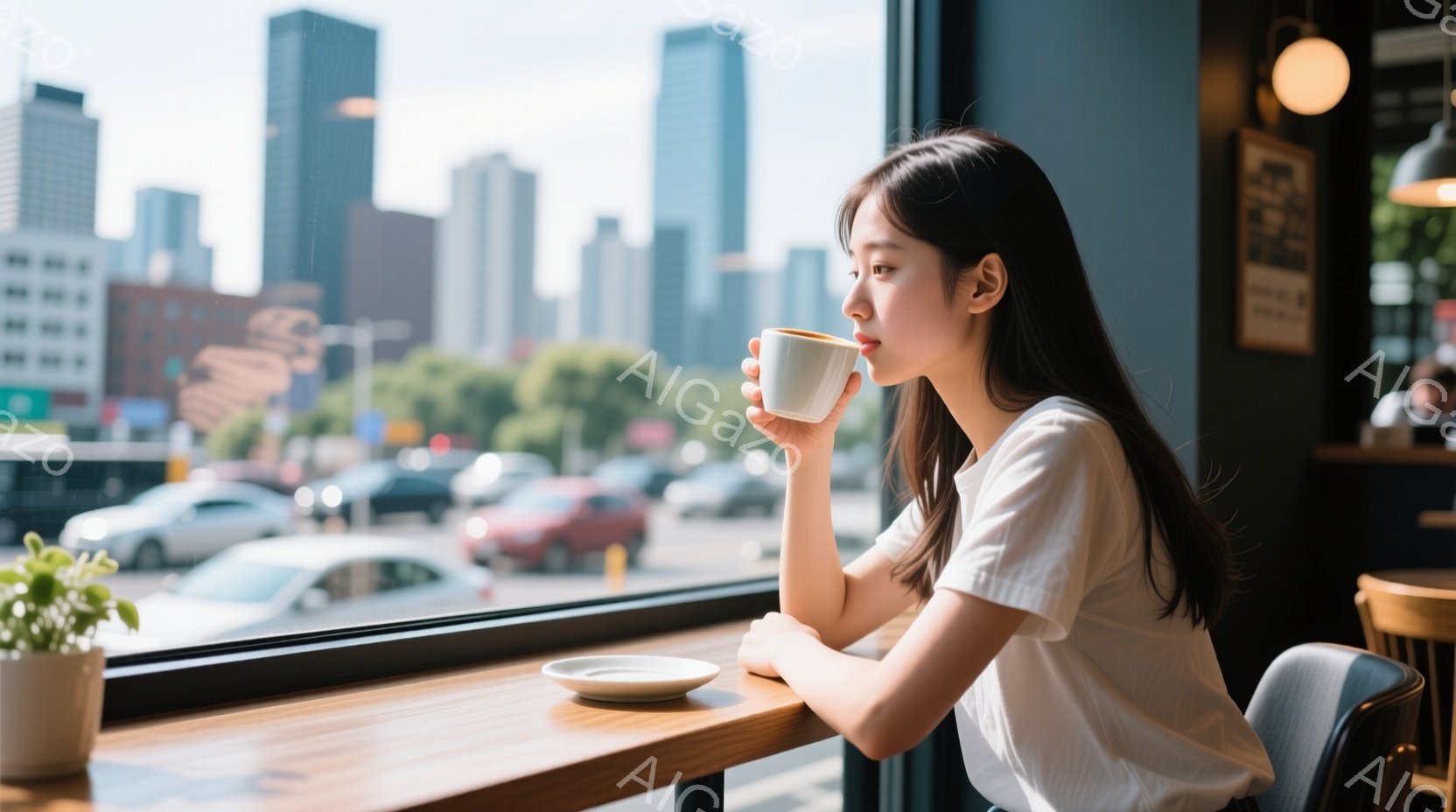 長い黒髪の女性が、カフェの窓際に座ってコーヒーを飲んでいます。白いシンプルなTシャツを着ており、少し物憂げな表情で外の景色を眺めています。窓の外には高層ビル群が広がり、交通量も多いことから都会の喧騒を感じさせます。