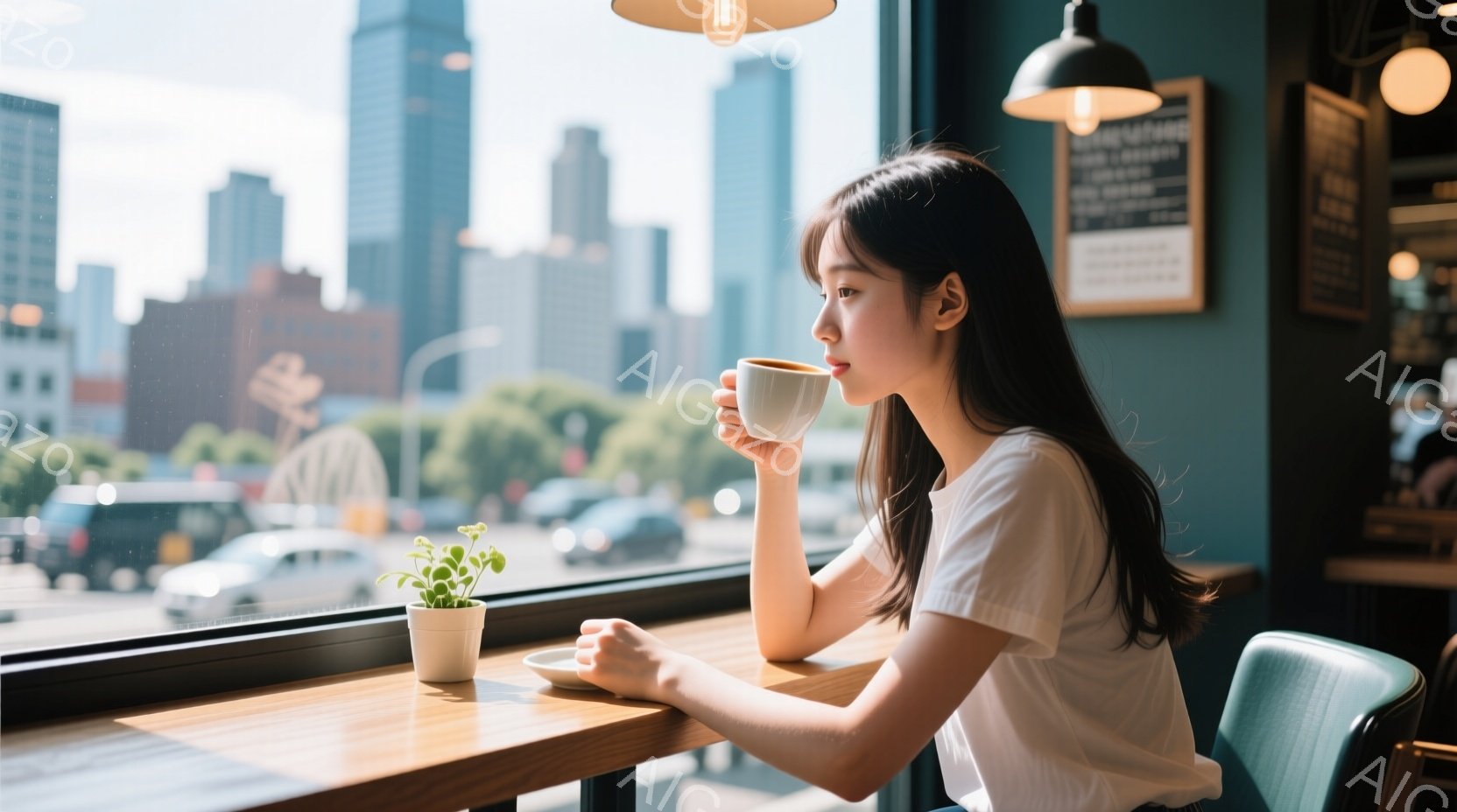 長い黒髪をサイドで耳にかける若い女性が、窓際のテーブルでコーヒーを手にしている。白いTシャツを着ており、少し物思いにふけるような表情をしている。背景には高層ビル群が広がり、晴れた日の都会のカフェの静かで穏やかな雰囲気が漂っている。