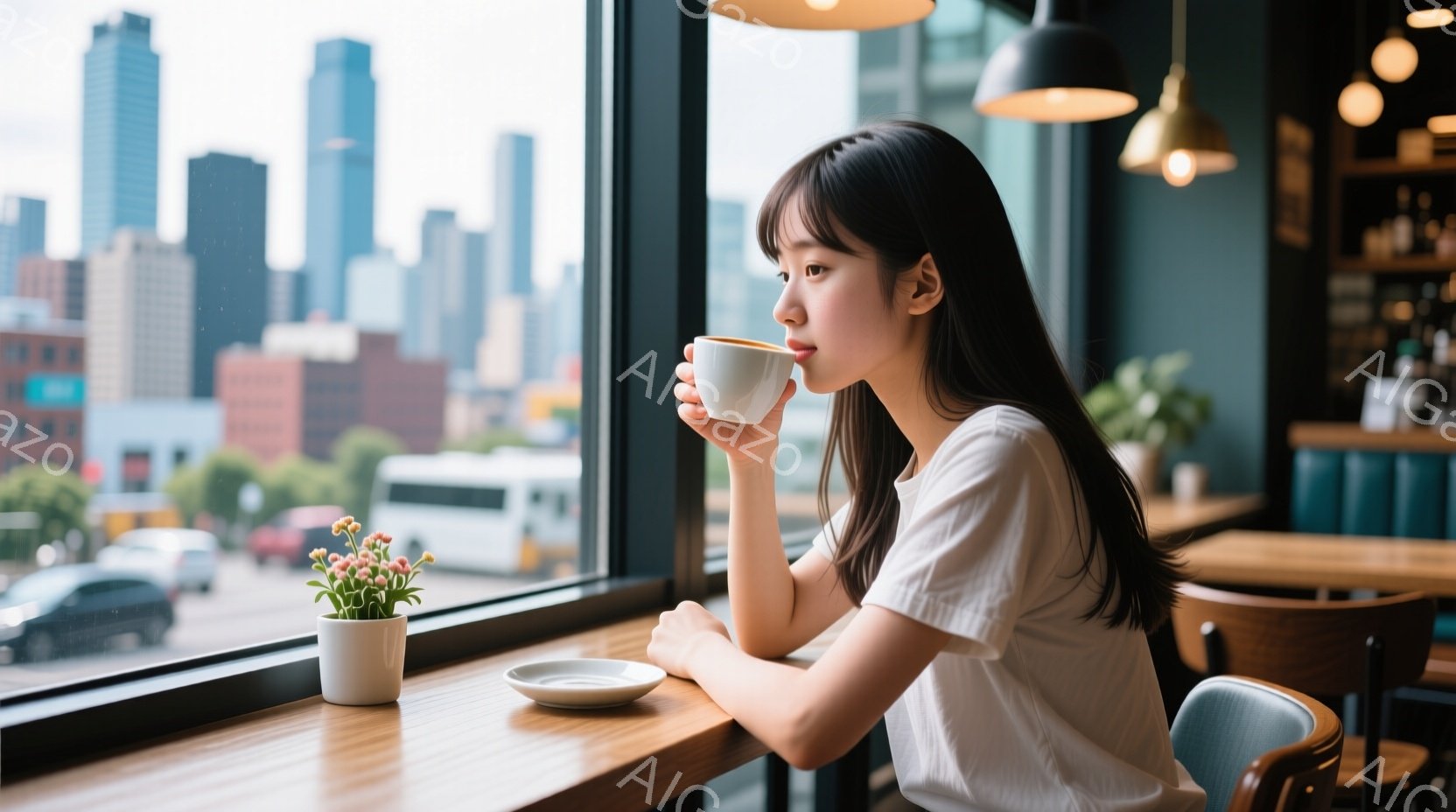長い黒髪の女性が、窓際のテーブルで温かい飲み物を飲んでいます。白いTシャツを着ており、リラックスした表情で外の景色を眺めています。背景には高層ビルが立ち並び、曇り空の下、都会の静かな雰囲気が漂っています。