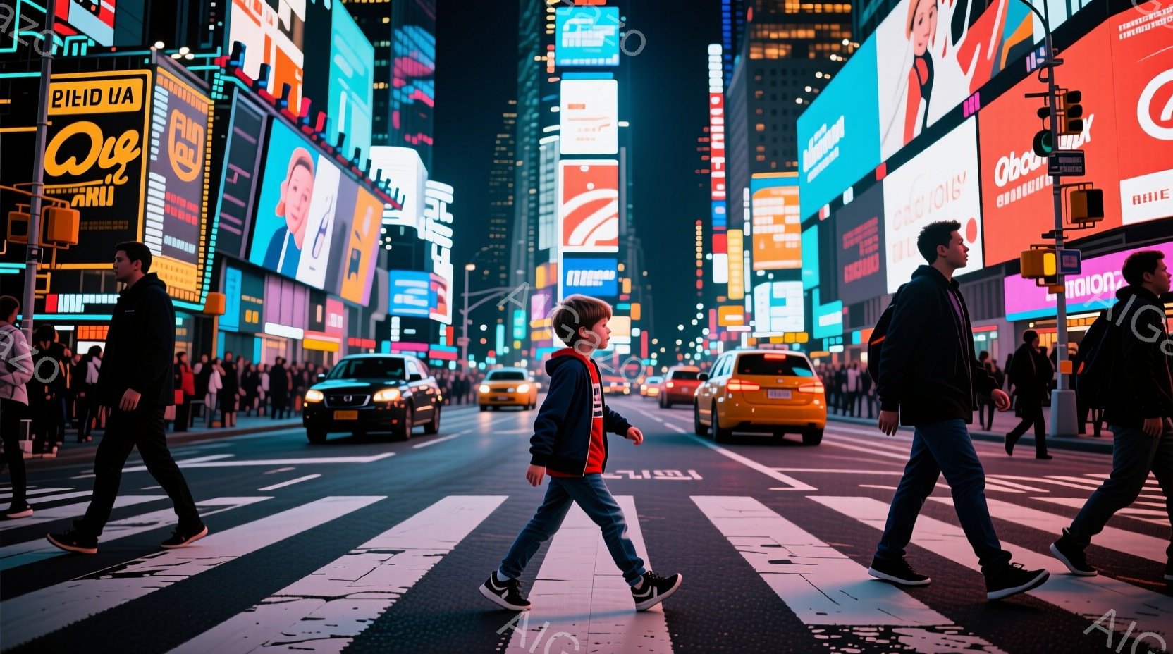 ニューヨークのタイムズスクエアと思われる場所で、少年が横断歩道を歩いている。少年は赤い縁取りのある青いジャケット、ジーンズ、スニーカーを着用し、前向きな姿勢で歩いている。背景には高層ビルが立ち並び、ネオンサインが輝き、多くの人々が歩いている様子がうかがえる、夜の賑やかな雰囲気が漂っている。