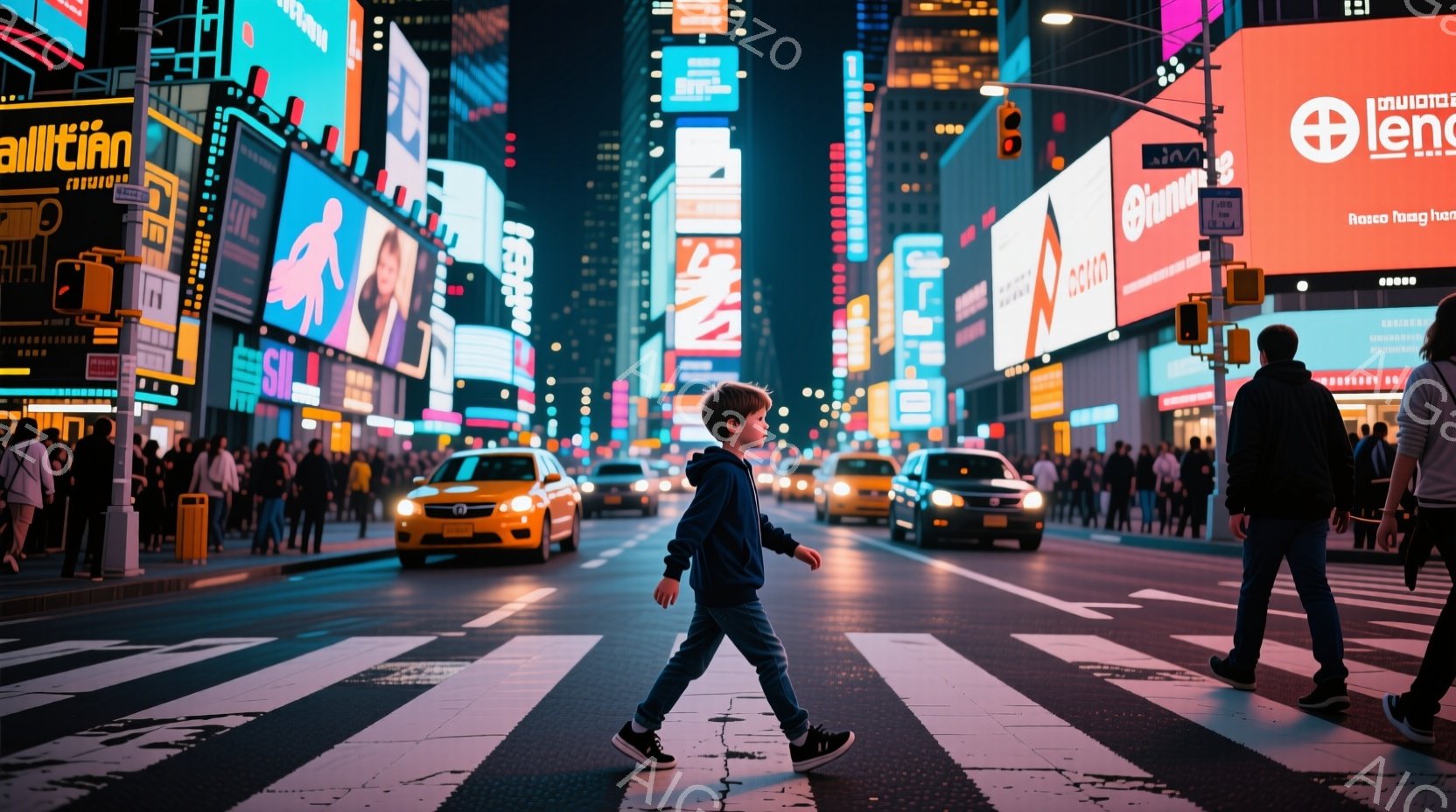 ニューヨークのタイムズスクエアと思われる場所で、少年が横断歩道を歩いている。少年は青いパーカー、ジーンズ、スニーカーを着用し、少し前かがみで歩いており、表情ははっきりと見えない。背景には、高層ビル群、ネオンサイン、多くの人々がおり、夜間の賑やかな大都市の雰囲気が漂っている。