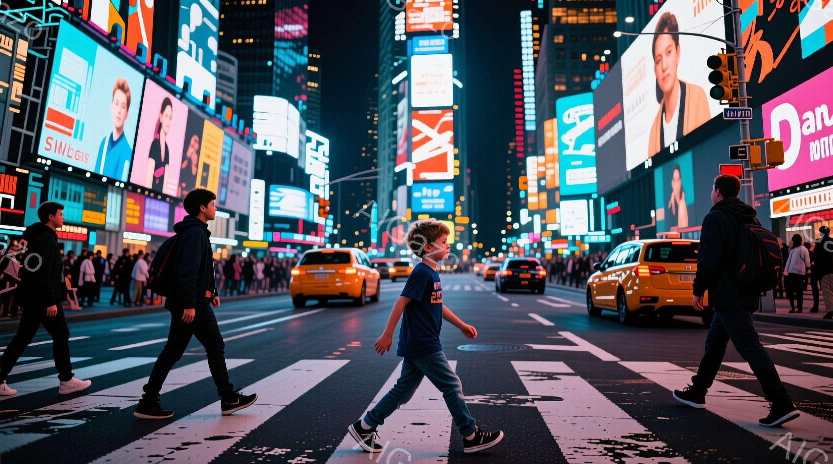 タイムズスクエアと思われる場所で、少年が歩道横断歩道を歩いている。少年は青いTシャツと短いズボン、そしてスニーカーを履いており、少し前かがみの姿勢で歩いている。背景には高層ビルが立ち並び、ネオンサインが輝き、多くの人が歩いている様子が見られ、賑やかな大都市の夜の雰囲気が漂っている。