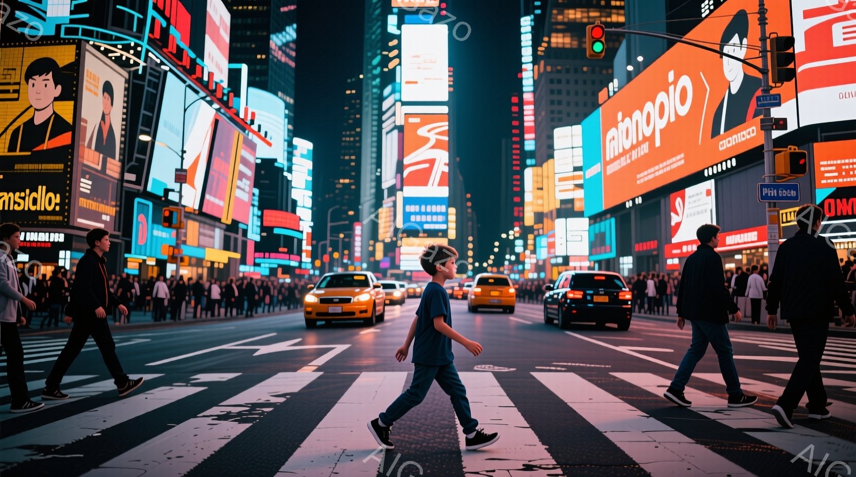 賑やかなタイムズスクエアの横断歩道を、少年が歩いている様子が写っている。少年は黄色いTシャツ、ジーンズ、スニーカーを身につけ、リラックスした様子で歩いている。背景には高層ビル群とネオンサインが輝き、多 - AI生成フリー素材