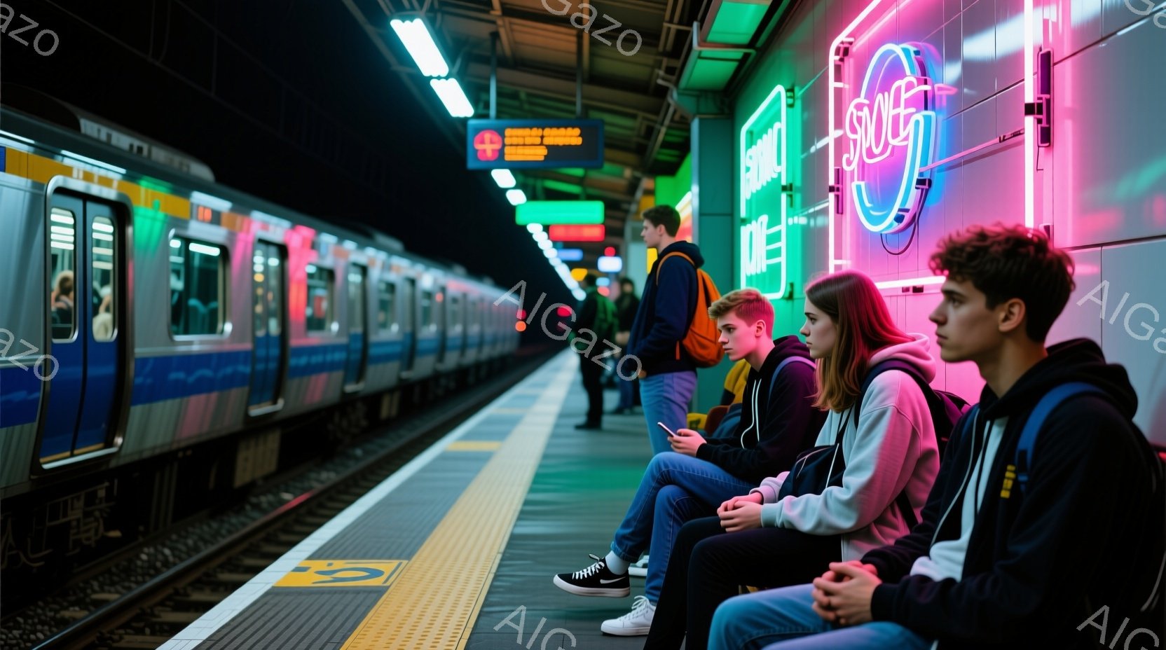 プラットフォームには数人の若者が座って待っています。彼らはカジュアルな服装で、リュックサックを背負っています。背景には電車が停車しており、ネオンサインが明るく光る壁が、少し未来的な雰囲気を作り出してい - AI生成フリー素材